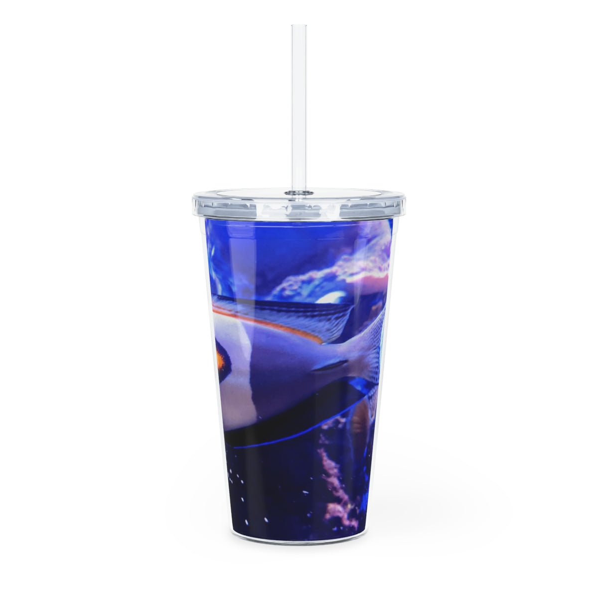 Light White Fish Plastic Tumbler with Straw, featuring a customizable design and double wall insulation for drinks.