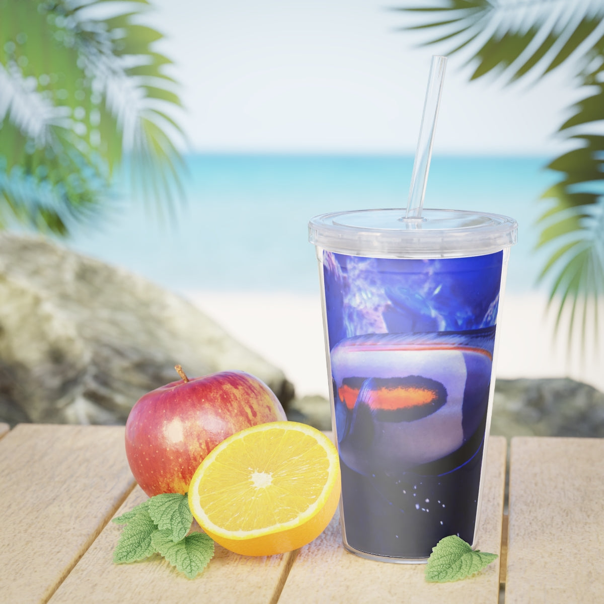 Light White Fish Plastic Tumbler with Straw, featuring a customizable design and double wall insulation for drinks.