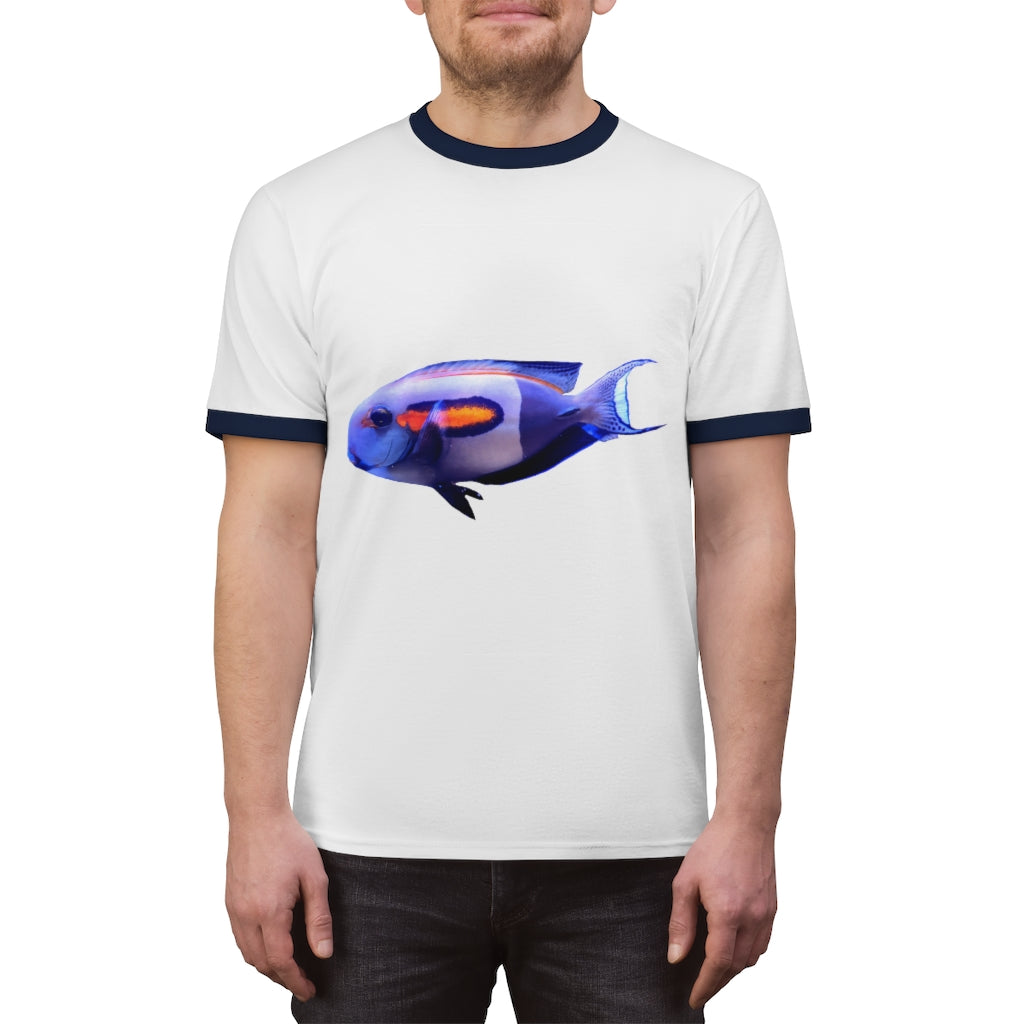 Light White Fish Unisex Ringer Tee showcasing its stylish design and comfortable fit, perfect for summer wear.