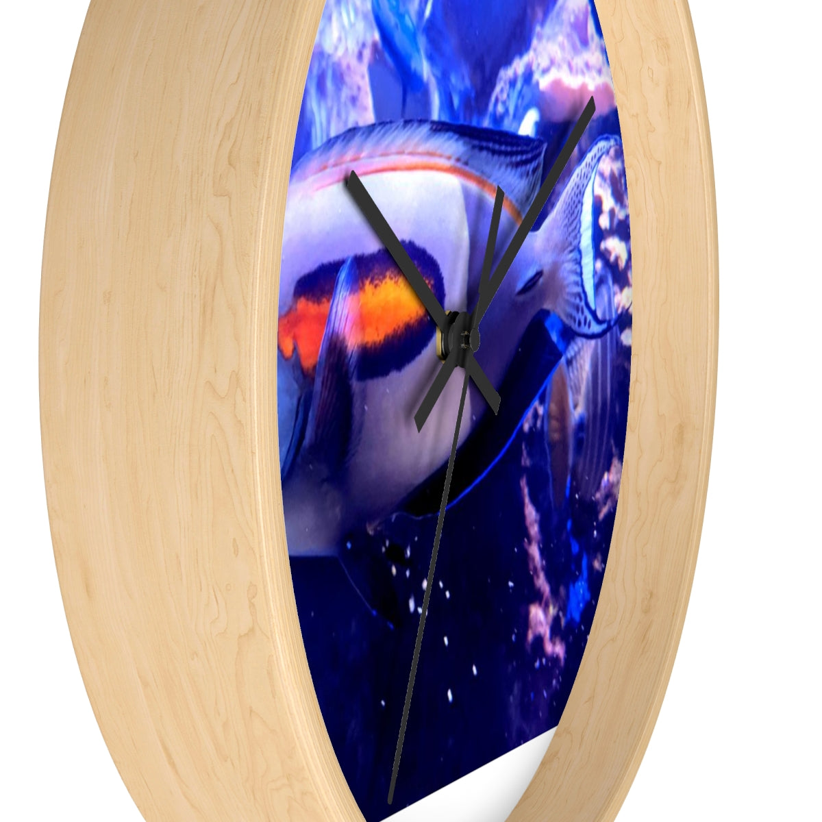 Light White Fish Wall Clock with wooden frame and plexiglass face, featuring a unique fish design.