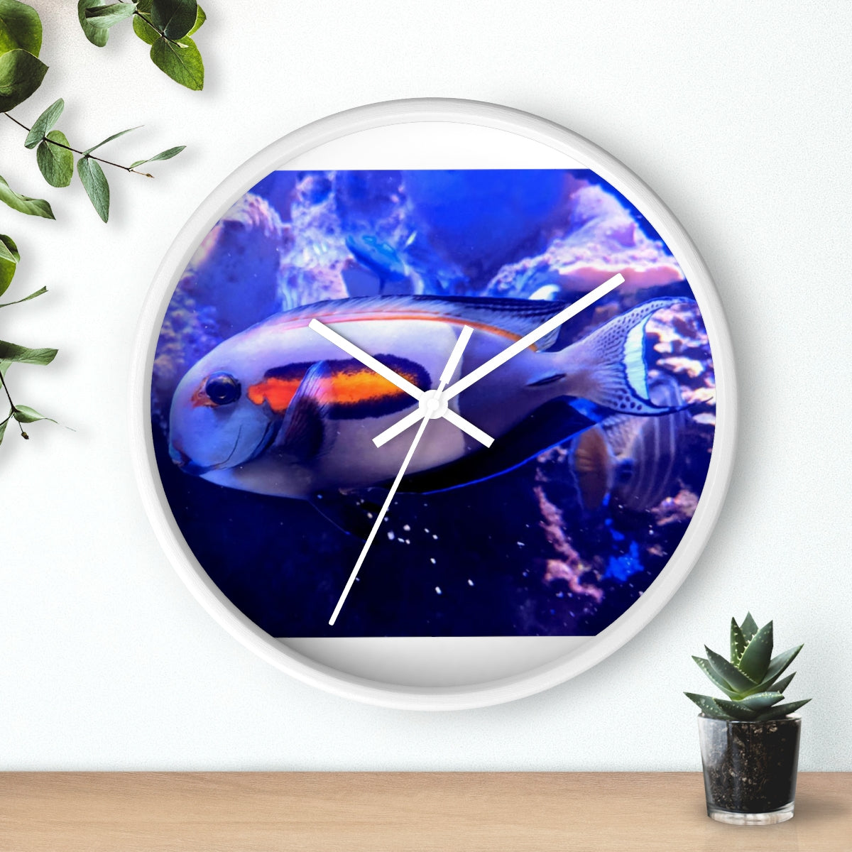 Light White Fish Wall Clock with wooden frame and plexiglass face, featuring a unique fish design.