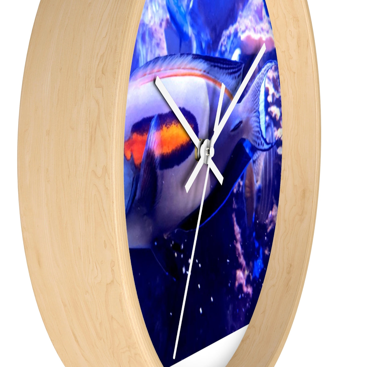 Light White Fish Wall Clock with wooden frame and plexiglass face, featuring a unique fish design.