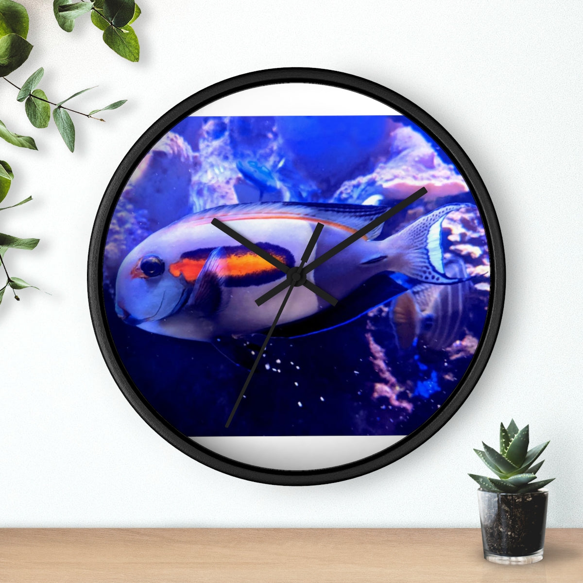 Light White Fish Wall Clock with wooden frame and plexiglass face, featuring a unique fish design.