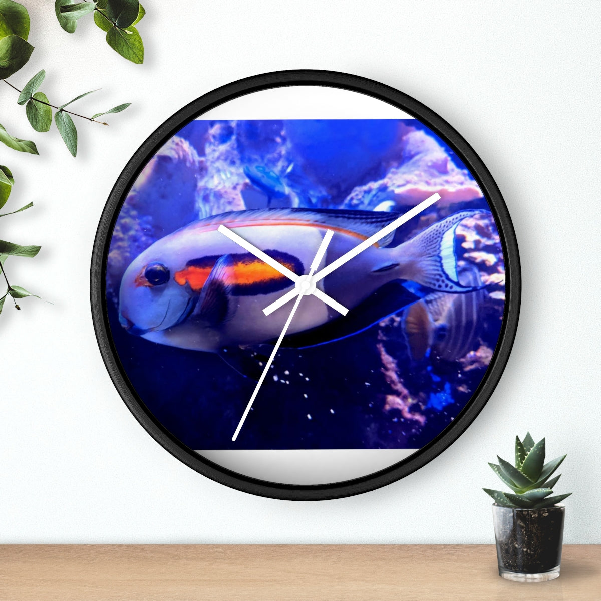 Light White Fish Wall Clock with wooden frame and plexiglass face, featuring a unique fish design.