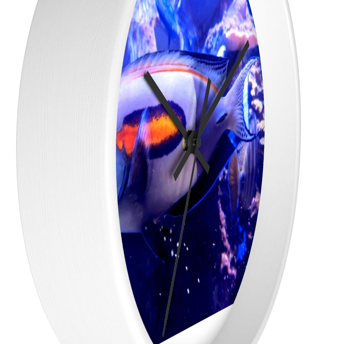 Light White Fish Wall Clock with wooden frame and plexiglass face, featuring a unique fish design.