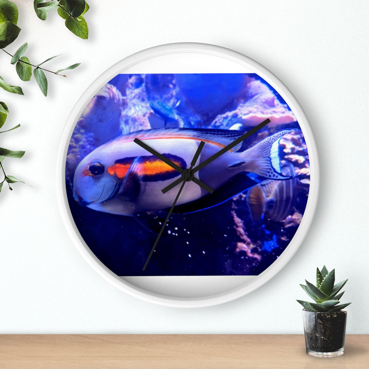 Light White Fish Wall Clock with wooden frame and plexiglass face, featuring a unique fish design.