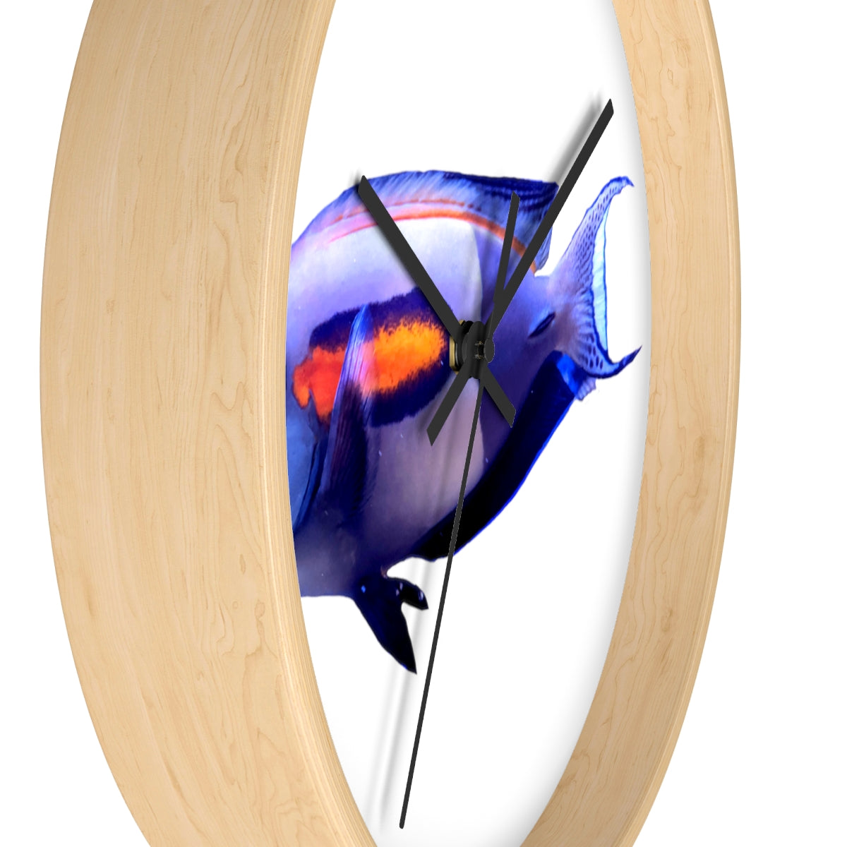 Light White Fish Wall Clock with wooden frame and plexiglass face, featuring a unique fish design.