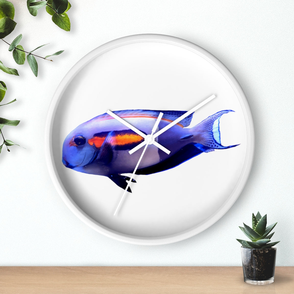 Light White Fish Wall Clock with wooden frame and plexiglass face, featuring a unique fish design.