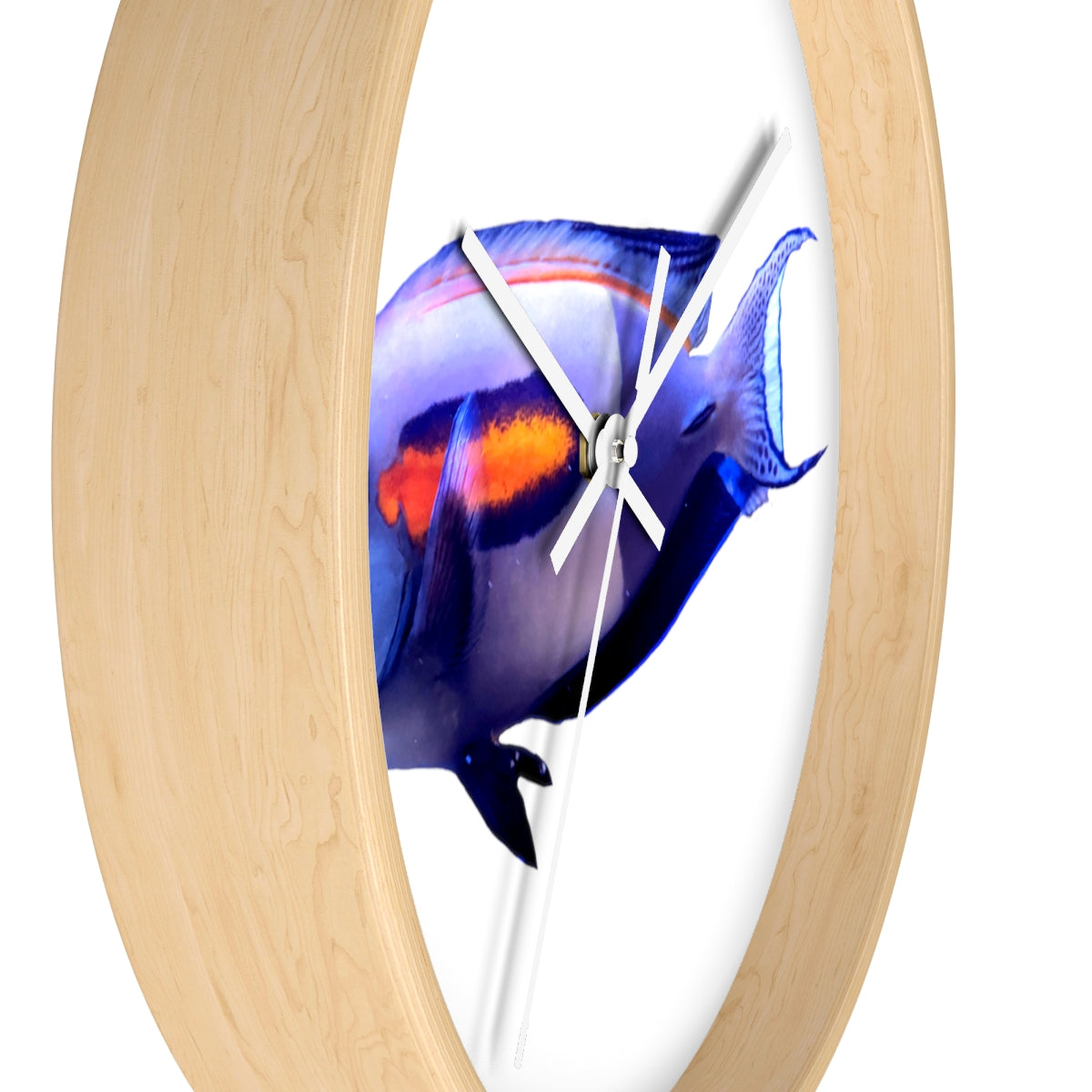 Light White Fish Wall Clock with wooden frame and plexiglass face, featuring a unique fish design.