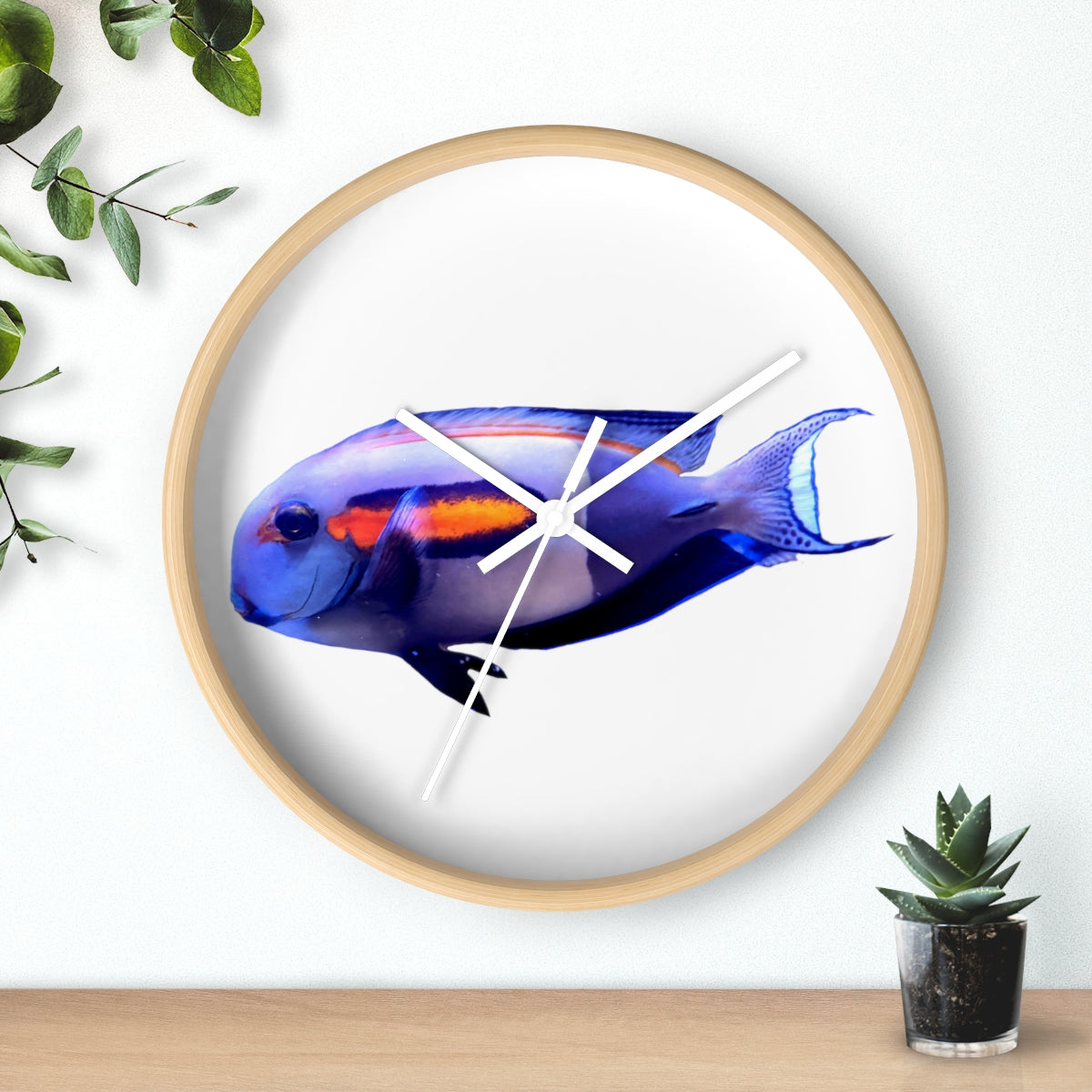 Light White Fish Wall Clock with wooden frame and plexiglass face, featuring a unique fish design.