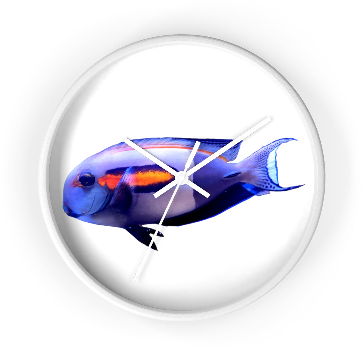 Light White Fish Wall Clock with wooden frame and plexiglass face, featuring a unique fish design.