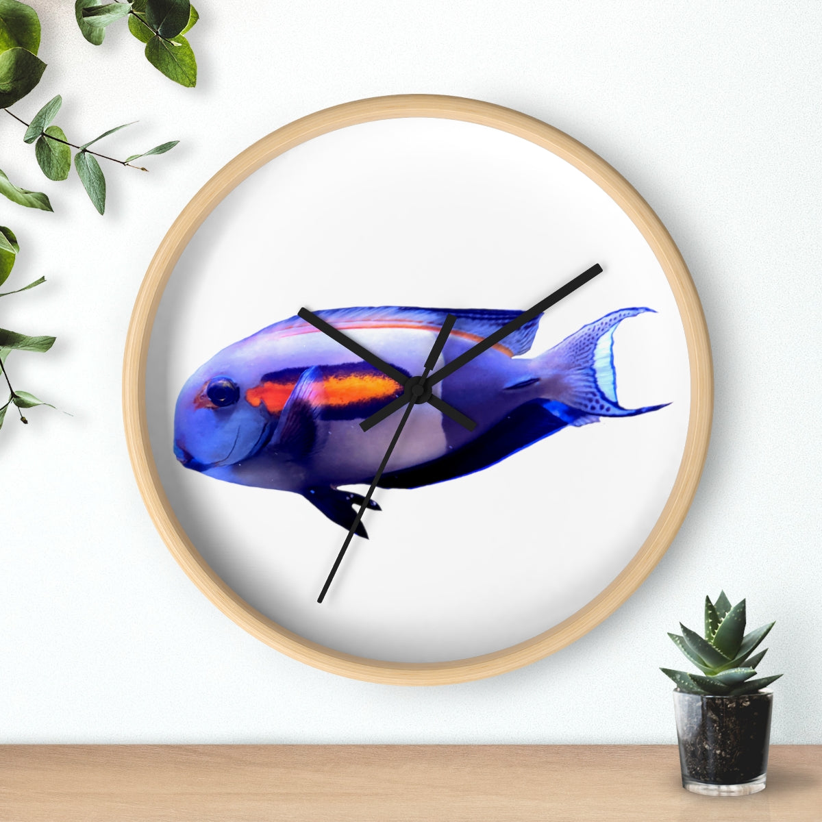 Light White Fish Wall Clock with wooden frame and plexiglass face, featuring a unique fish design.