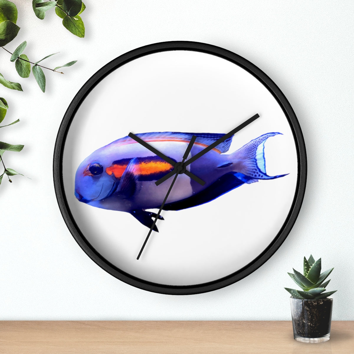 Light White Fish Wall Clock with wooden frame and plexiglass face, featuring a unique fish design.