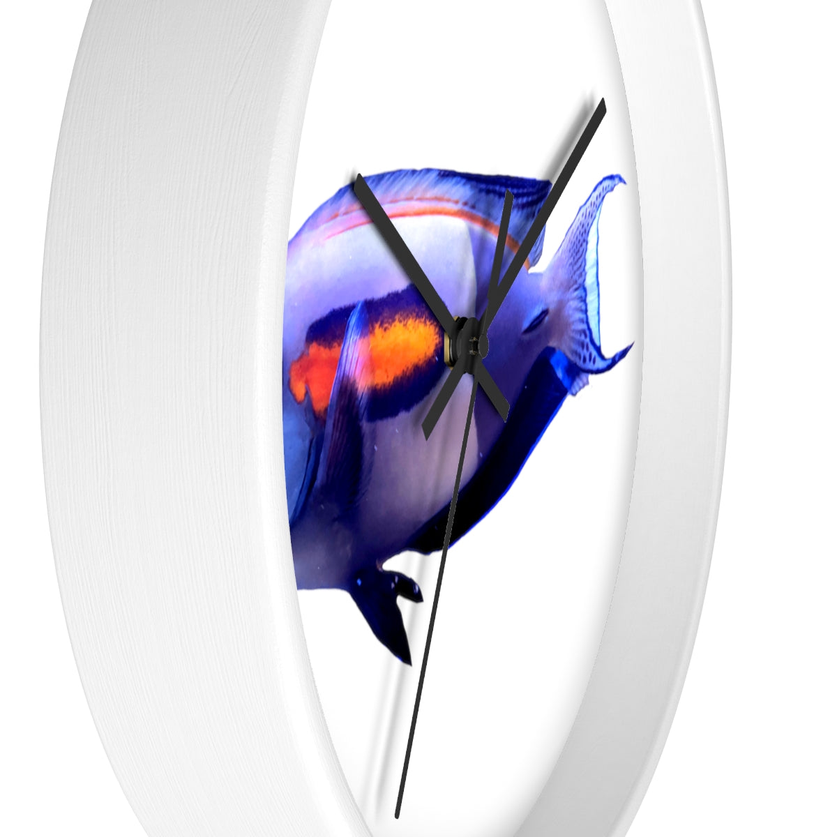 Light White Fish Wall Clock with wooden frame and plexiglass face, featuring a unique fish design.