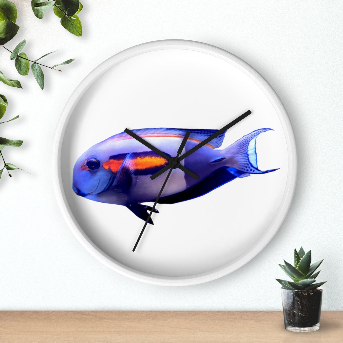 Light White Fish Wall Clock with wooden frame and plexiglass face, featuring a unique fish design.