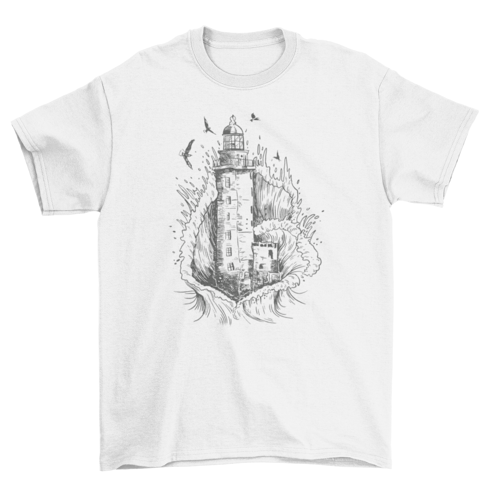 A hand-drawn t-shirt featuring a lighthouse engulfed by a wave, showcasing artistic design.