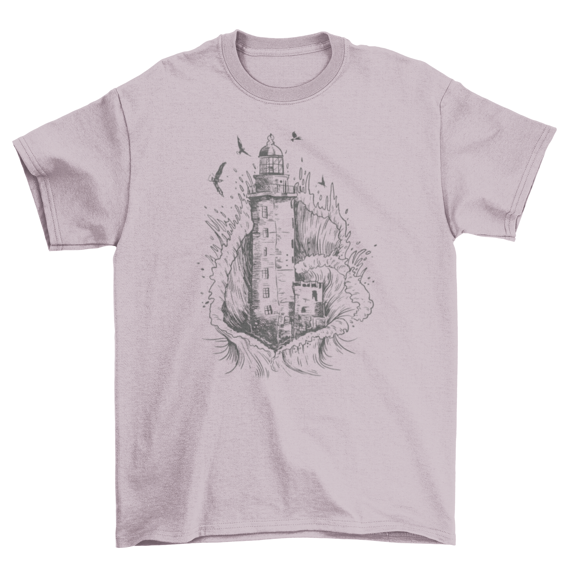 A hand-drawn t-shirt featuring a lighthouse engulfed by a wave, showcasing artistic design.