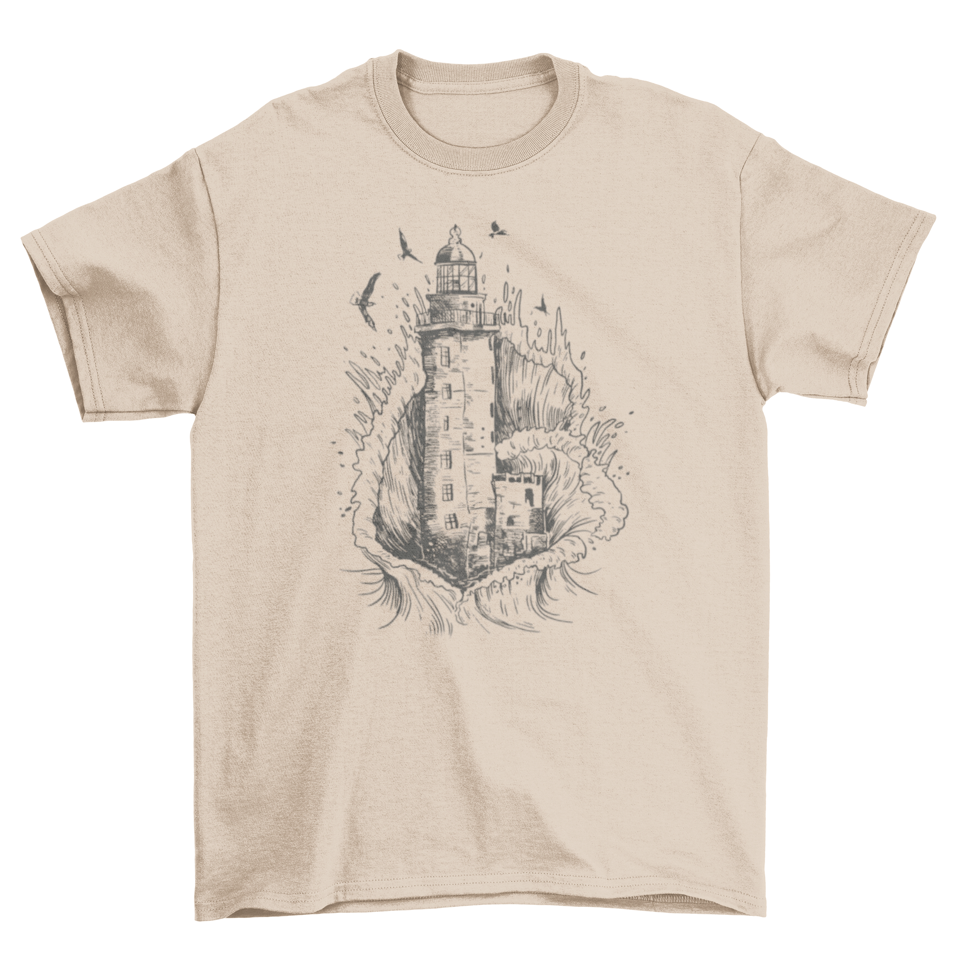 A hand-drawn t-shirt featuring a lighthouse engulfed by a wave, showcasing artistic design.