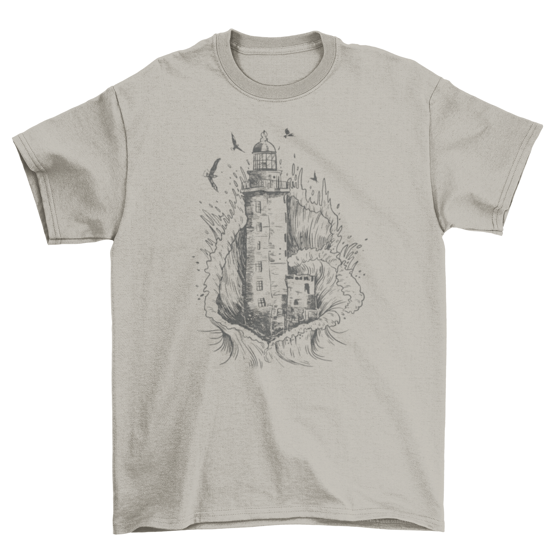 A hand-drawn t-shirt featuring a lighthouse engulfed by a wave, showcasing artistic design.