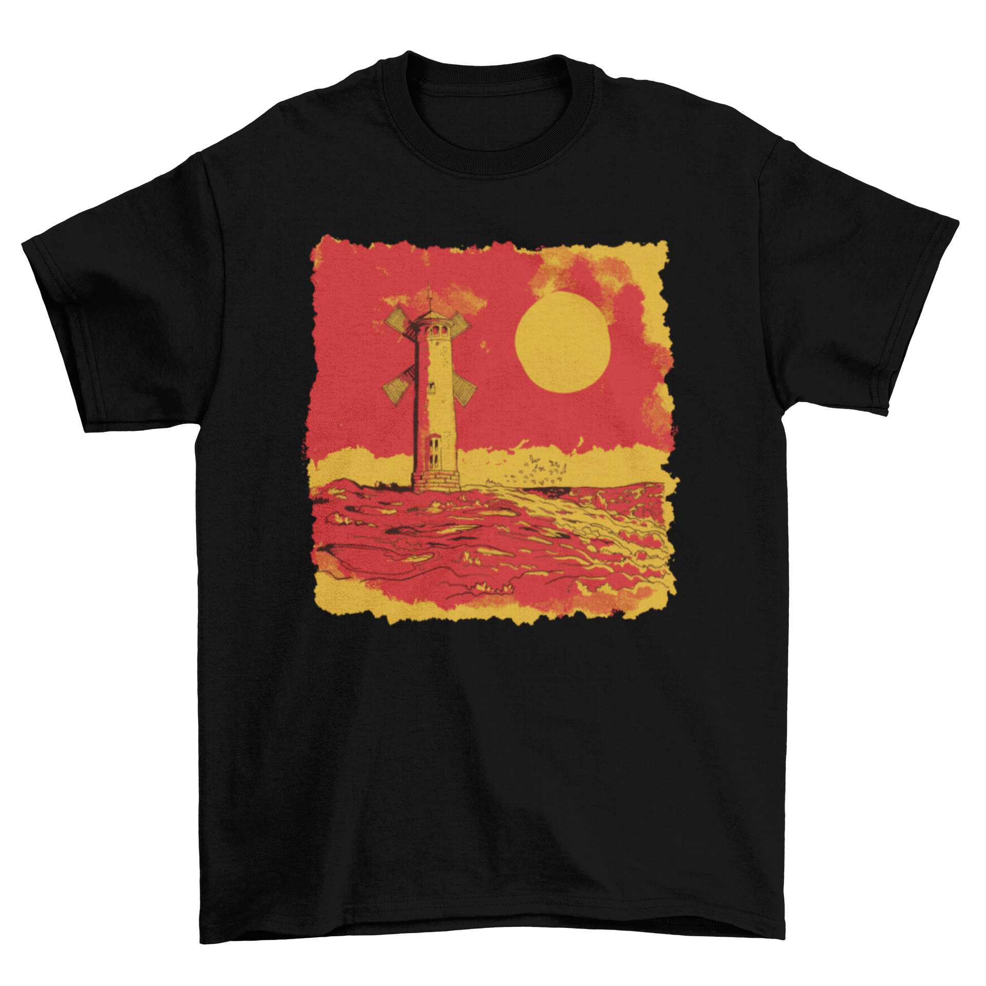 A stylish t-shirt featuring a vibrant lighthouse illustration set against the ocean waves.