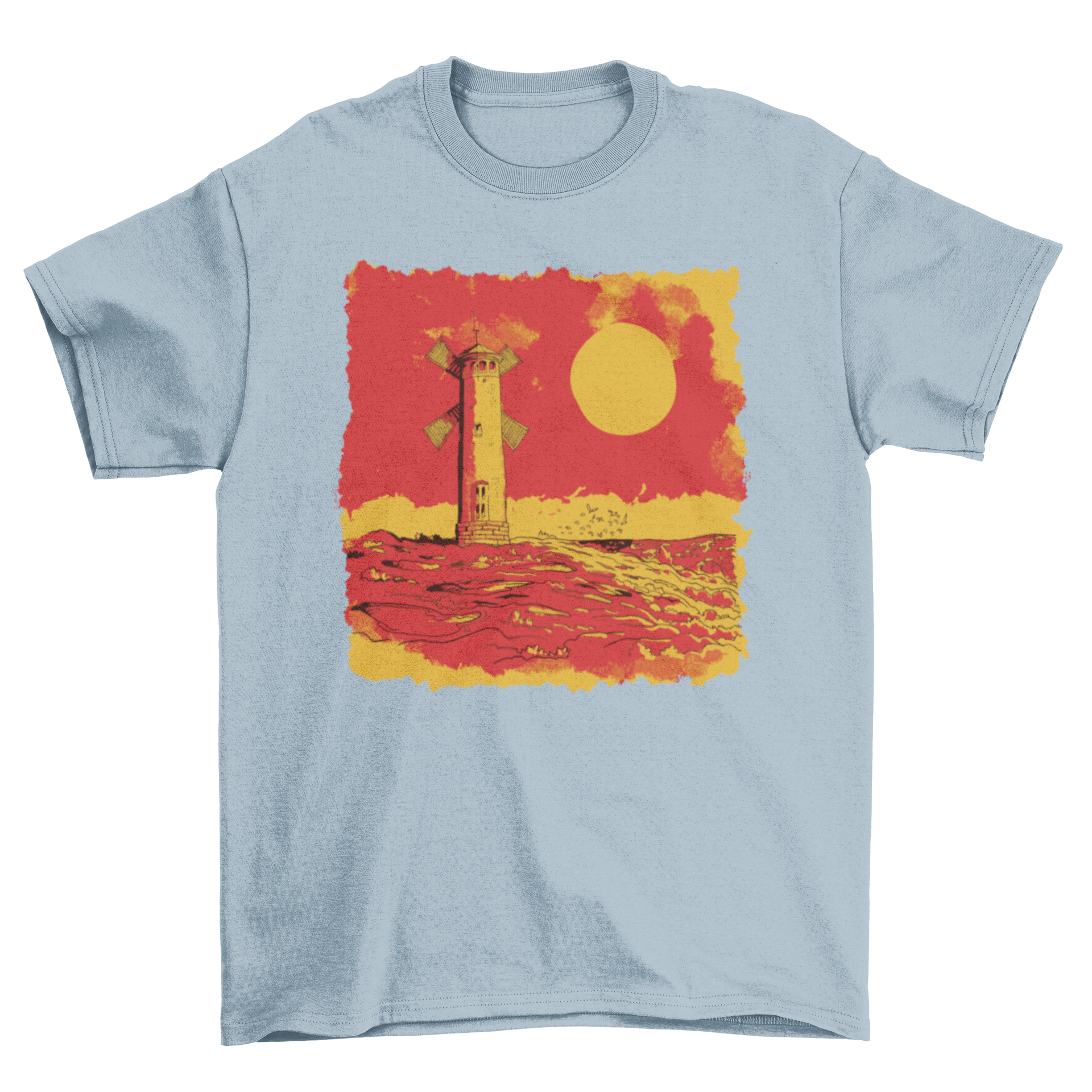 A stylish t-shirt featuring a vibrant lighthouse illustration set against the ocean waves.