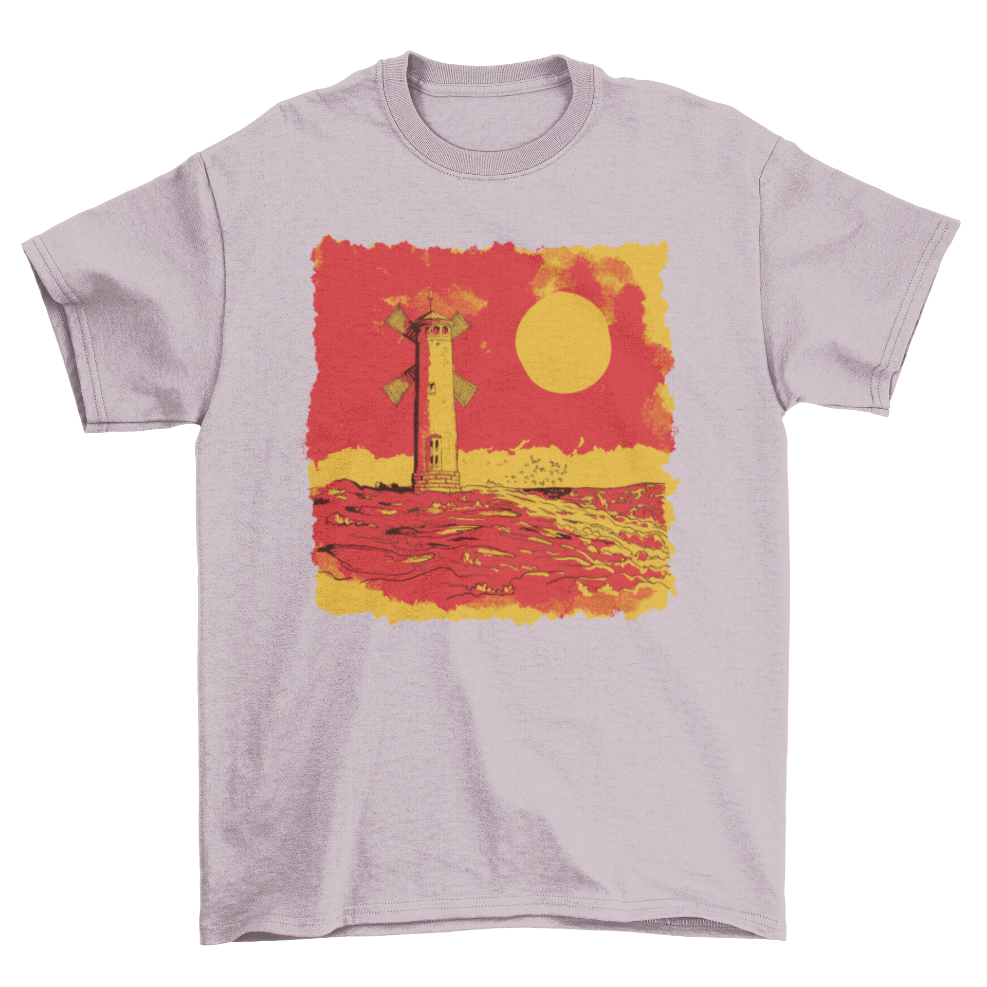 A stylish t-shirt featuring a vibrant lighthouse illustration set against the ocean waves.