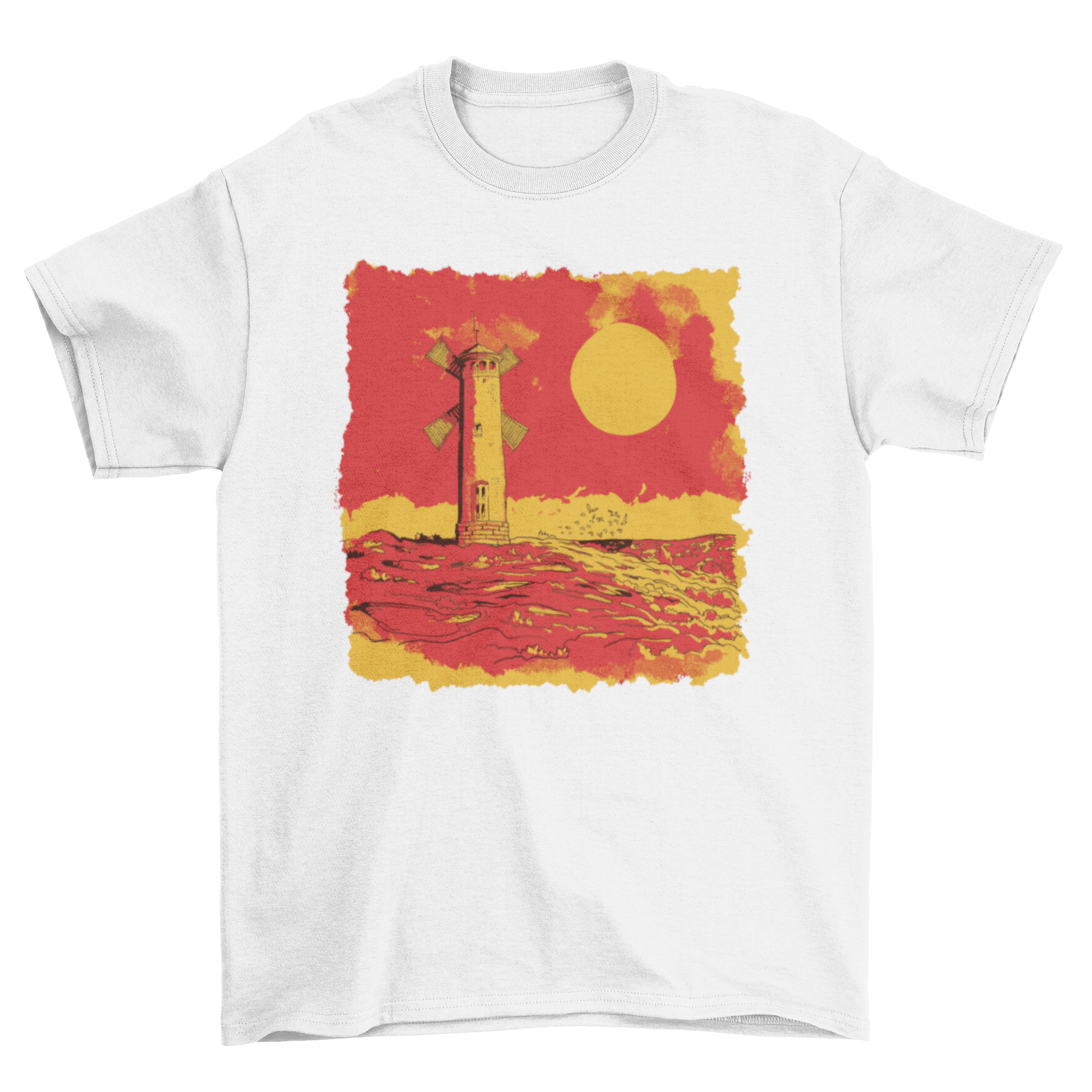 A stylish t-shirt featuring a vibrant lighthouse illustration set against the ocean waves.