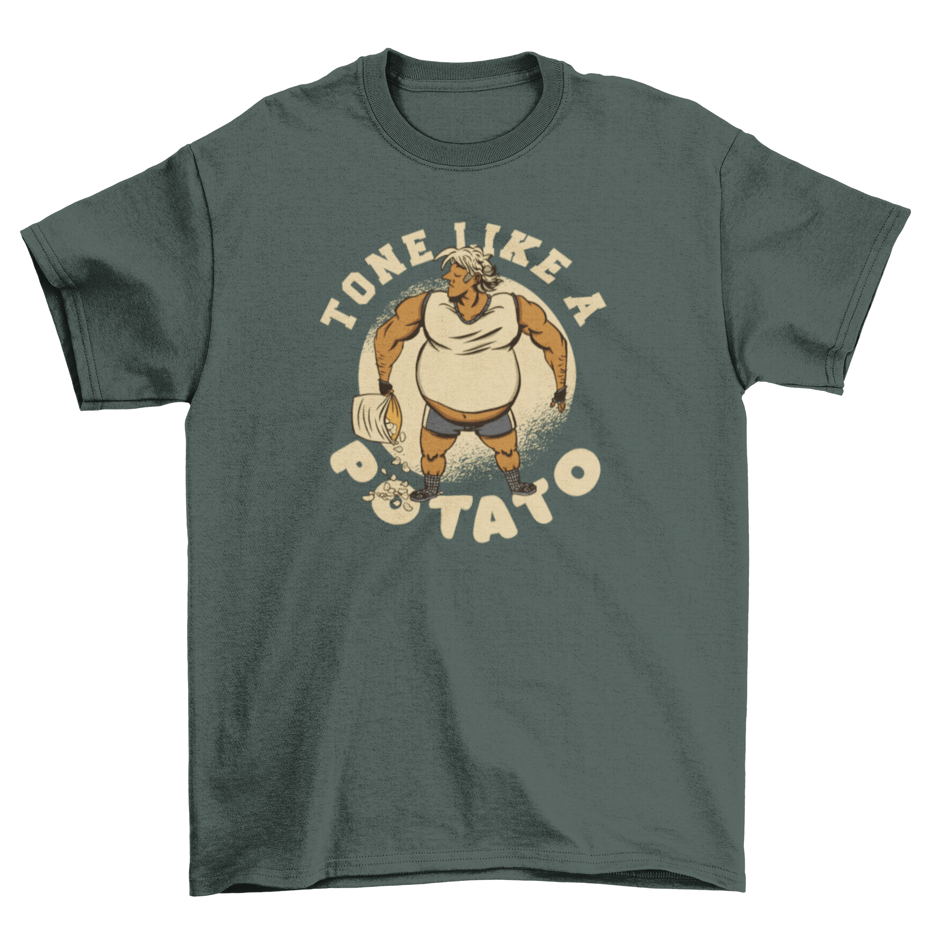 A humorous t-shirt featuring a bodybuilder with a fat belly and the quote 'Tone like a potato'.