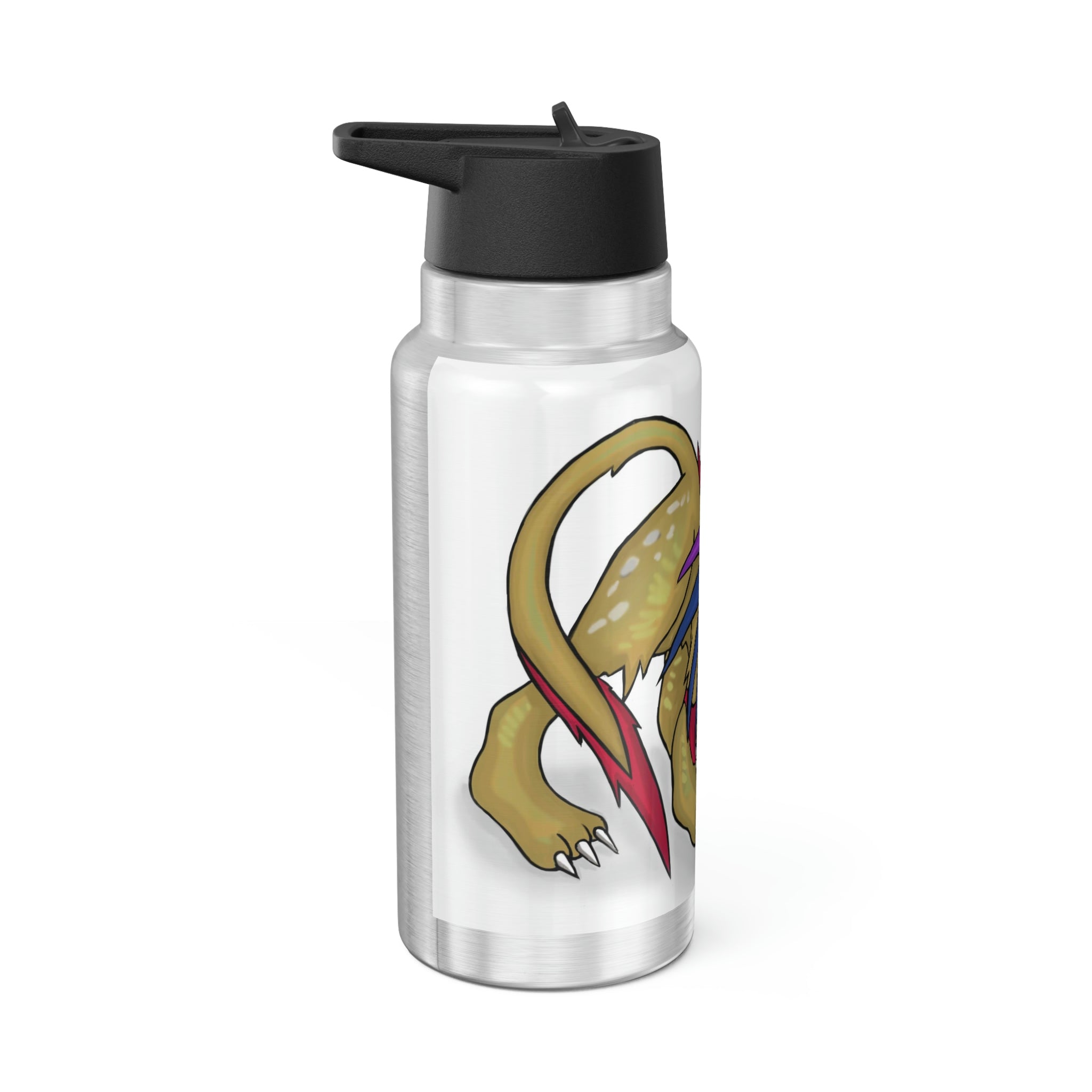 Lilions Gator Tumbler in stainless steel with a black screw-on cap and plastic straw, showcasing customizable design options.