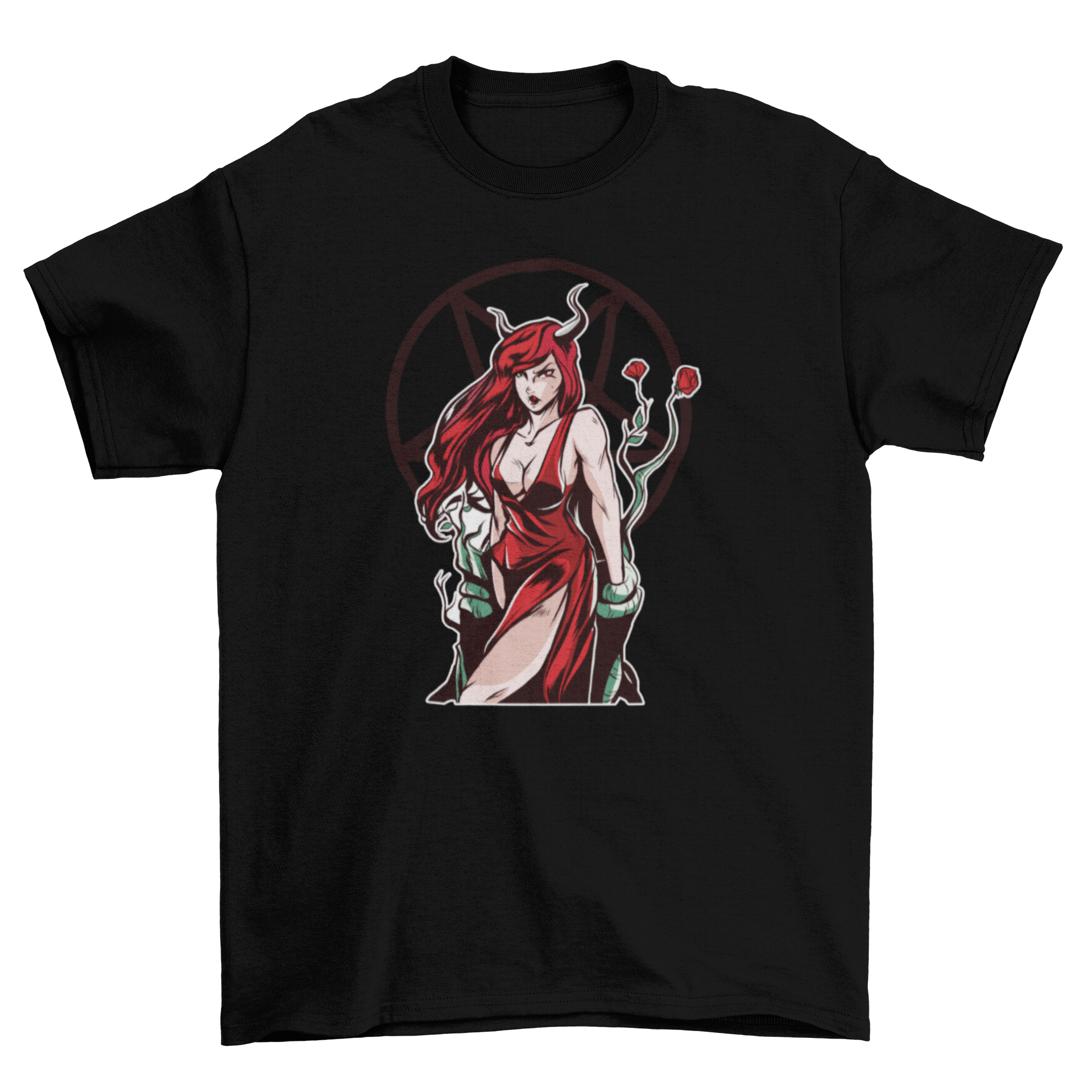 Lilith T-Shirt featuring a striking illustration of Lilith with a pentagon design on the back, showcasing demoniac elements.