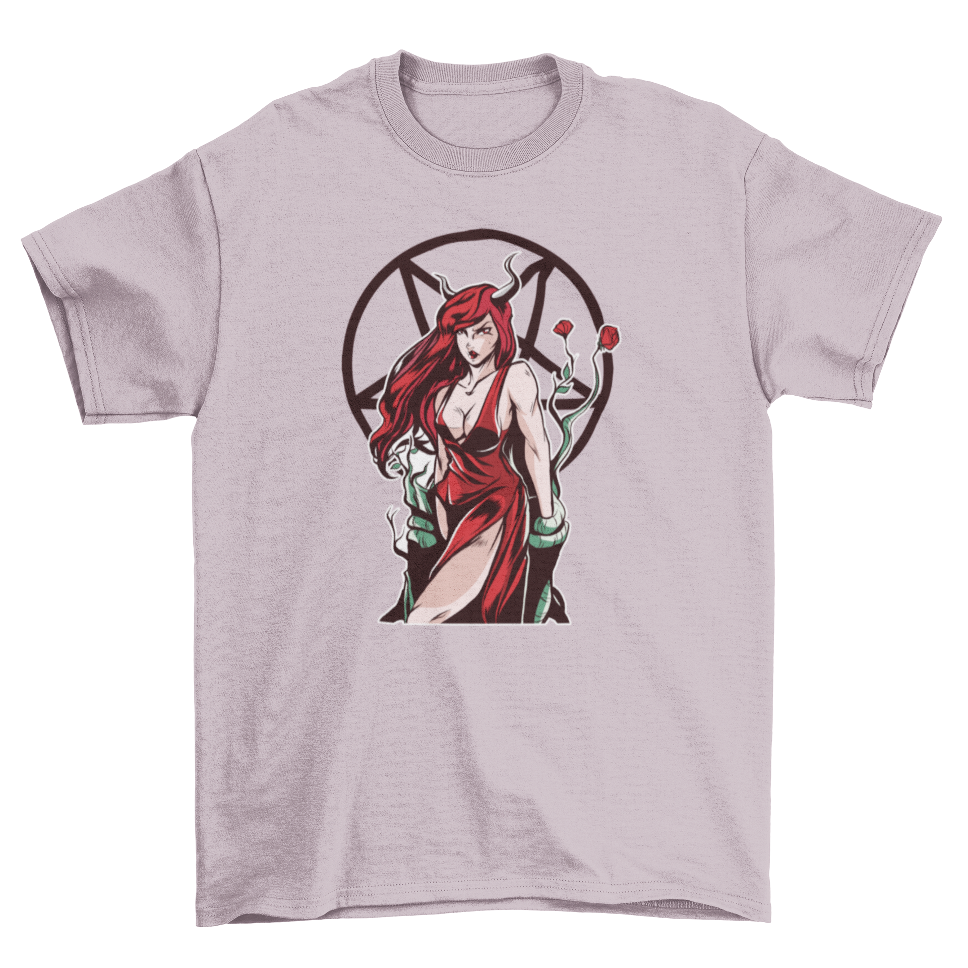 Lilith T-Shirt featuring a striking illustration of Lilith with a pentagon design on the back, showcasing demoniac elements.