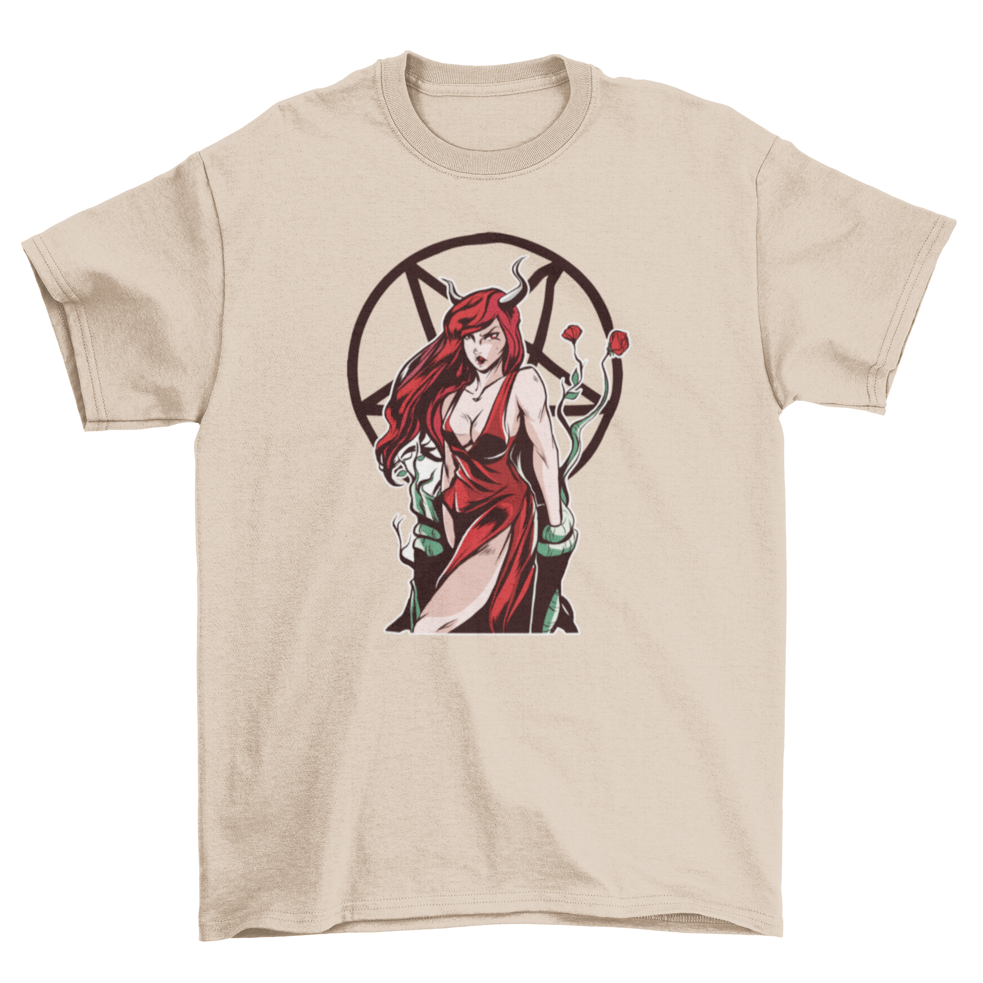 Lilith T-Shirt featuring a striking illustration of Lilith with a pentagon design on the back, showcasing demoniac elements.