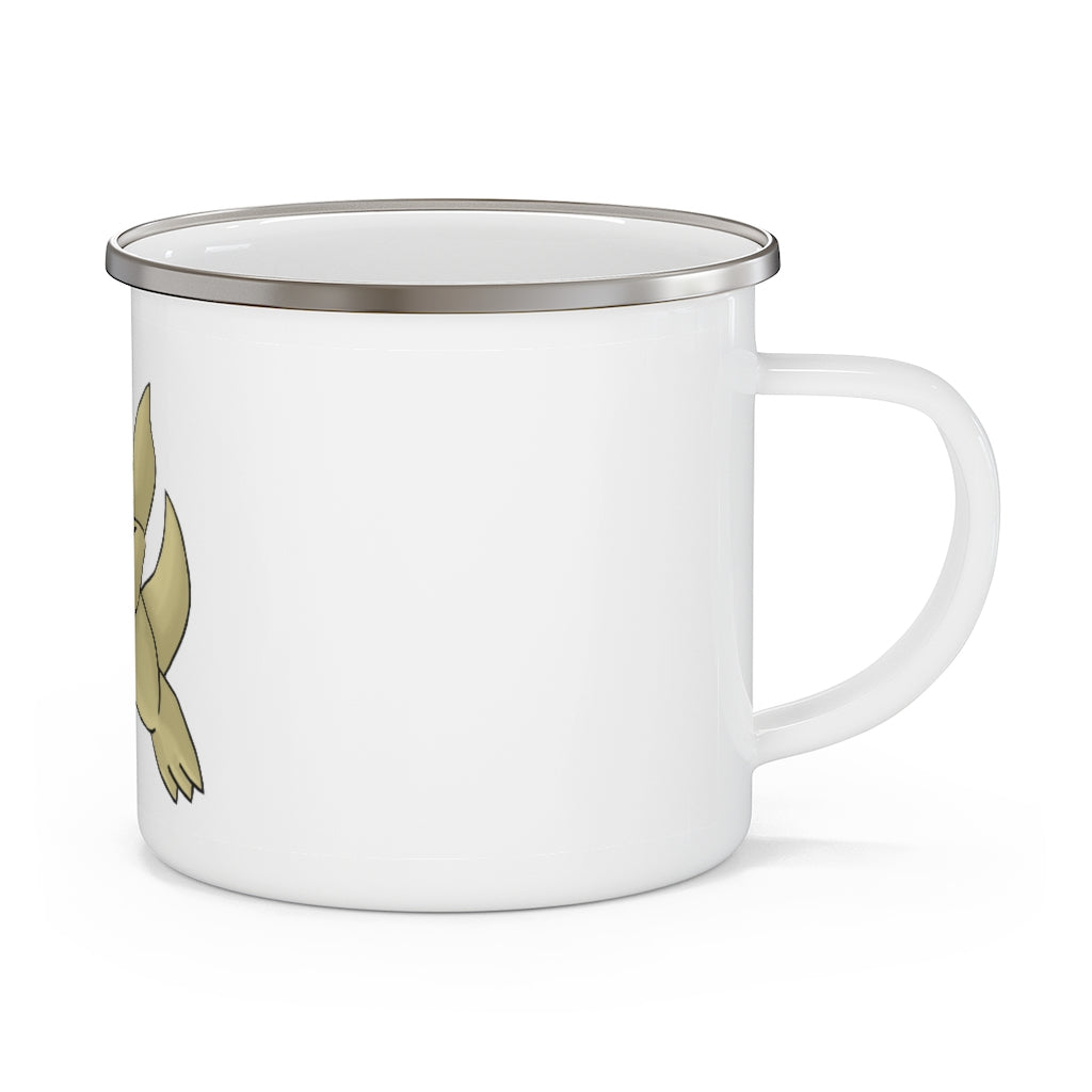 Liloon Enamel Camping Mug in a natural outdoor setting, showcasing its durable design and customizable printing options.