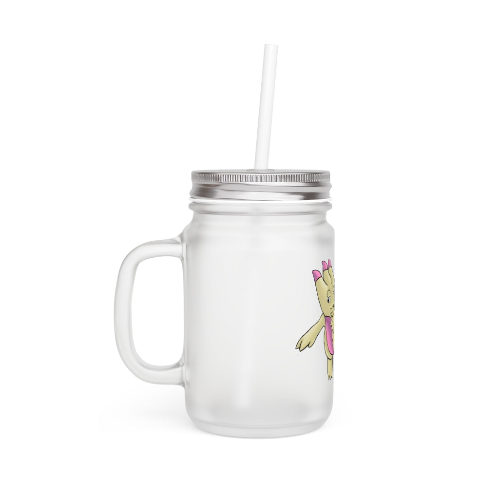 A stylish 12oz frosted glass mason jar with a lid and straw, perfect for personalized drinks.