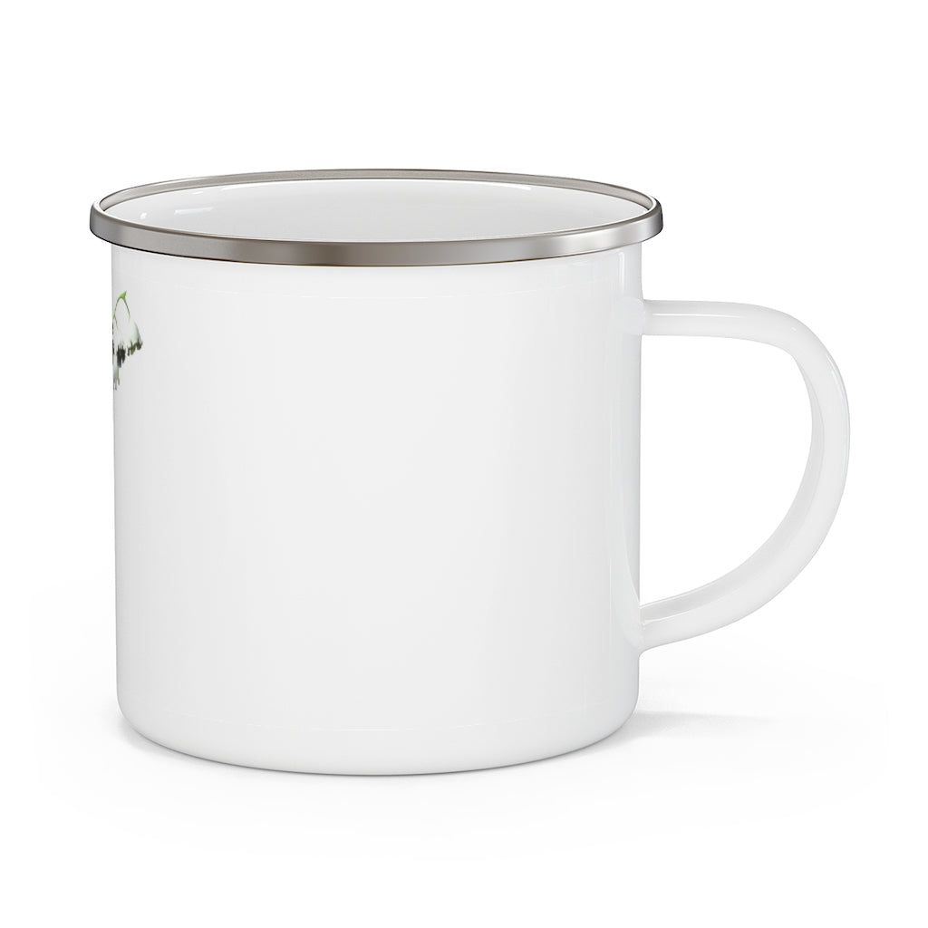 Lilly Enamel Camping Mug with a C-handle, featuring a stylish design and personalized printing options, perfect for outdoor adventures.