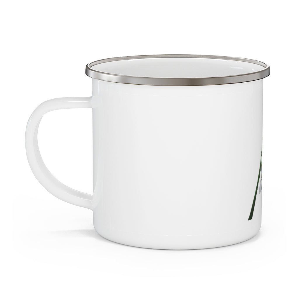 Lilly Enamel Camping Mug with a C-handle, featuring a stylish design and personalized printing options, perfect for outdoor adventures.