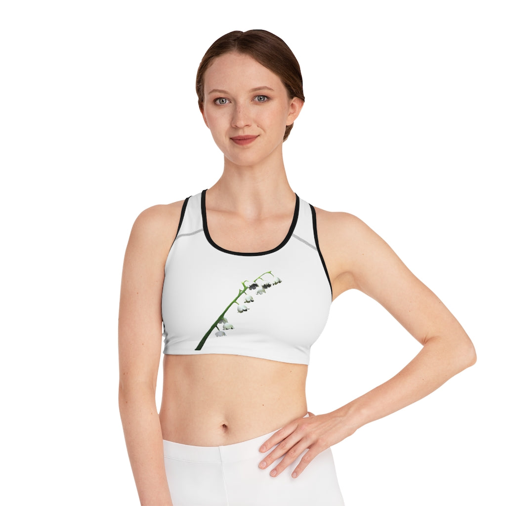 Lilly Sports Bra featuring a customizable all-over print design, compression fit, and double-layer front for enhanced support and comfort.