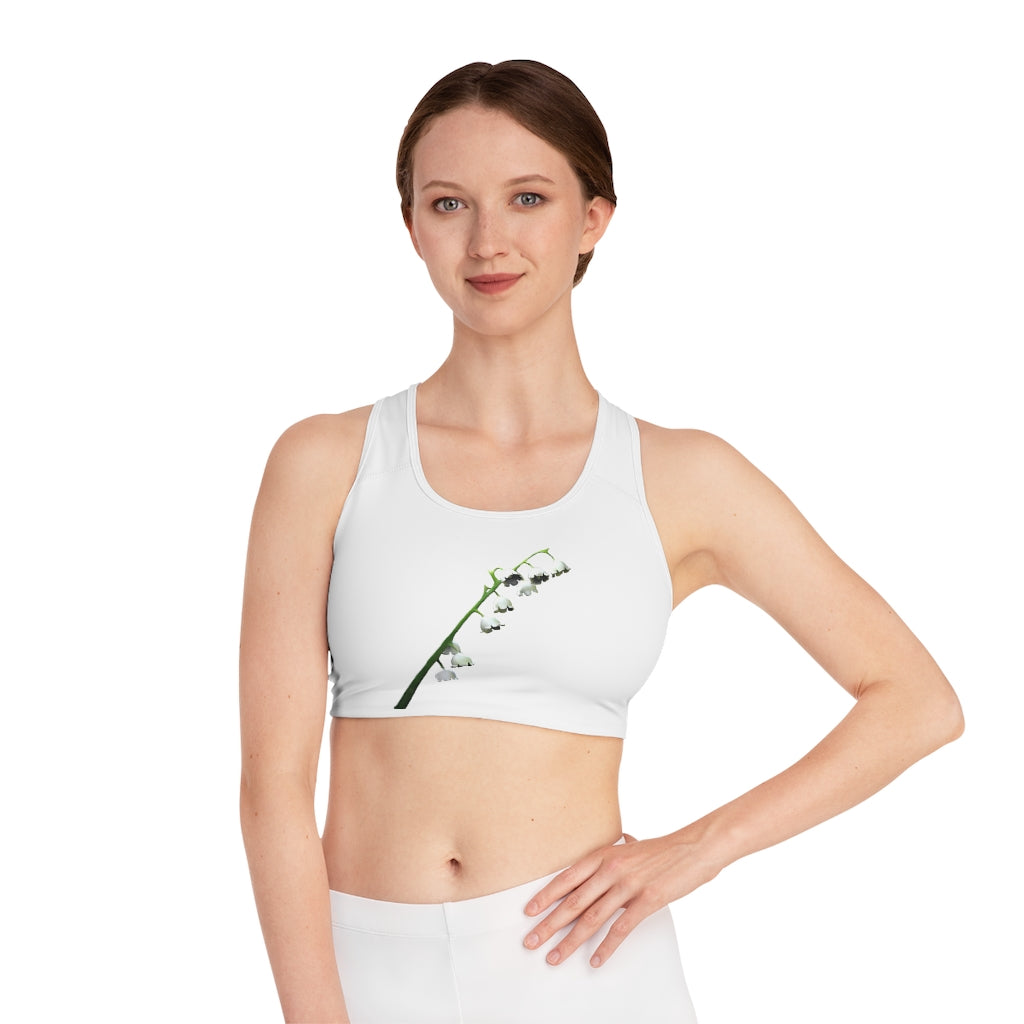 Lilly Sports Bra featuring a customizable all-over print design, compression fit, and double-layer front for enhanced support and comfort.