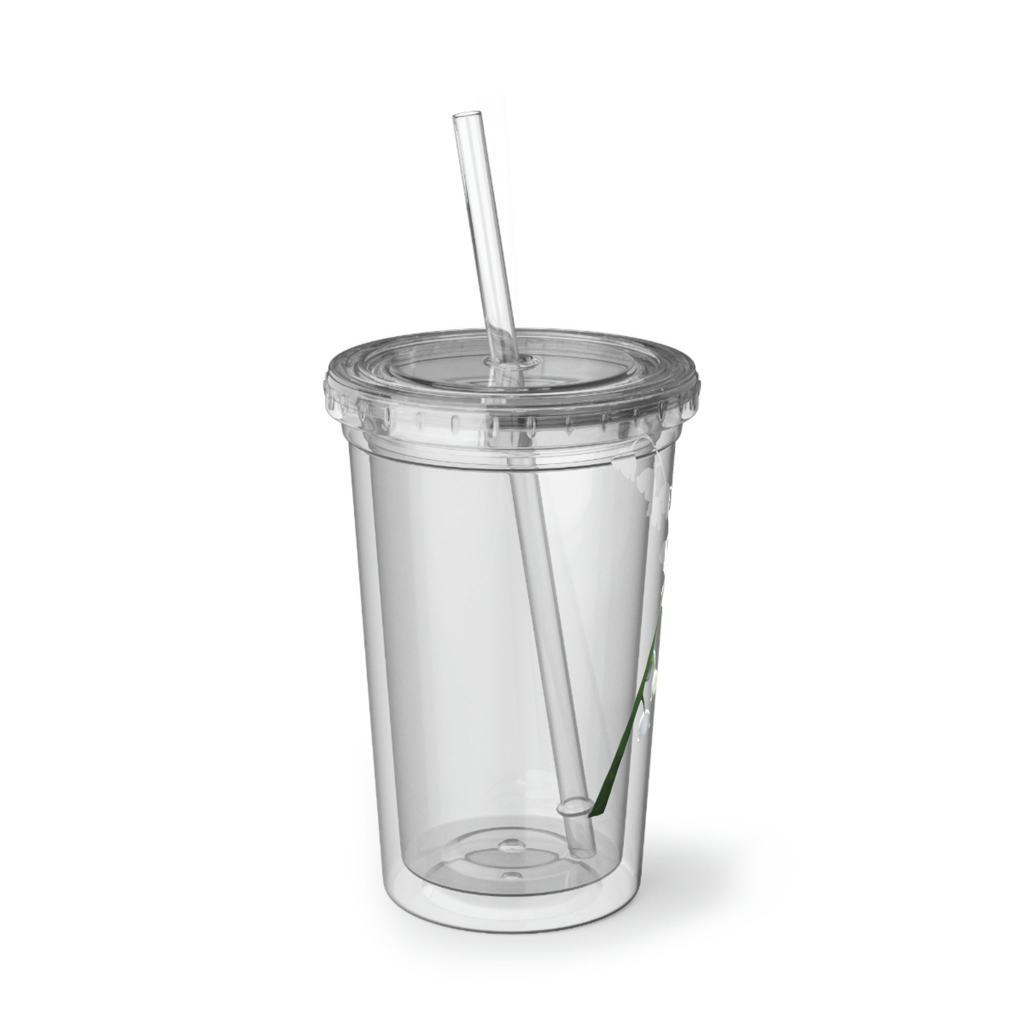 Lilly Suave Acrylic Cup in stainless steel with a black plastic cap and straw, showcasing a customizable design.