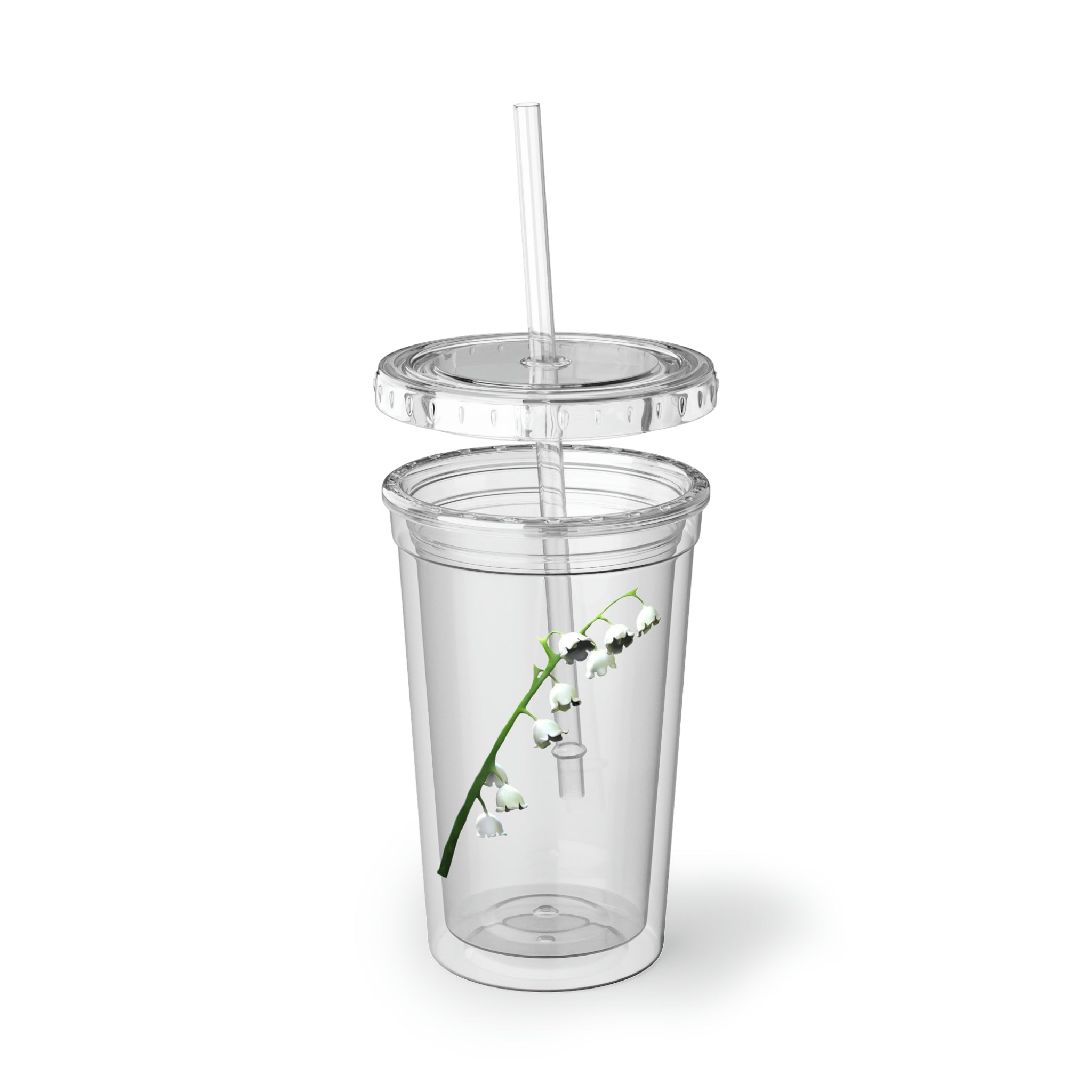 Lilly Suave Acrylic Cup in stainless steel with a black plastic cap and straw, showcasing a customizable design.