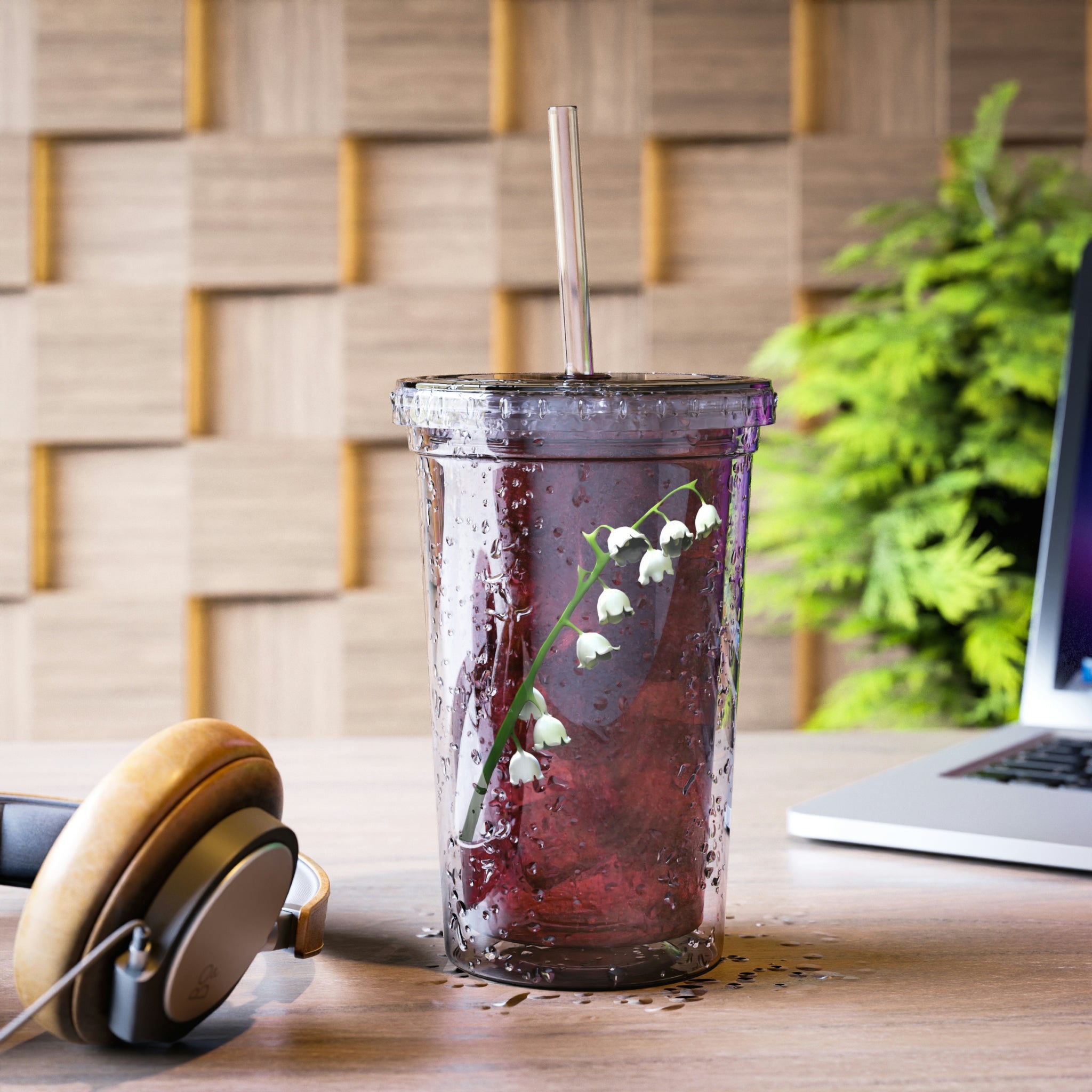 Lilly Suave Acrylic Cup in stainless steel with a black plastic cap and straw, showcasing a customizable design.