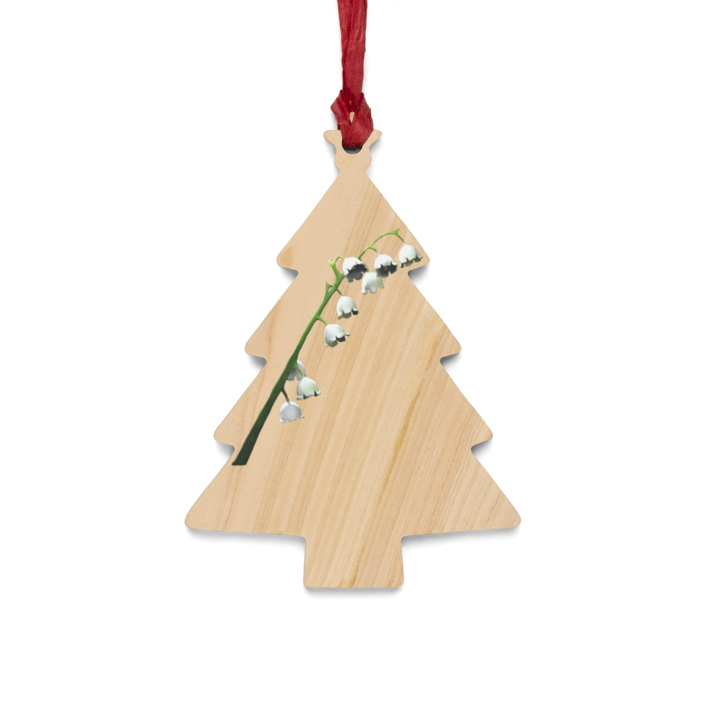 Lilly Wooden Christmas Ornaments in various whimsical shapes with red ribbons, showcasing rustic wooden design.