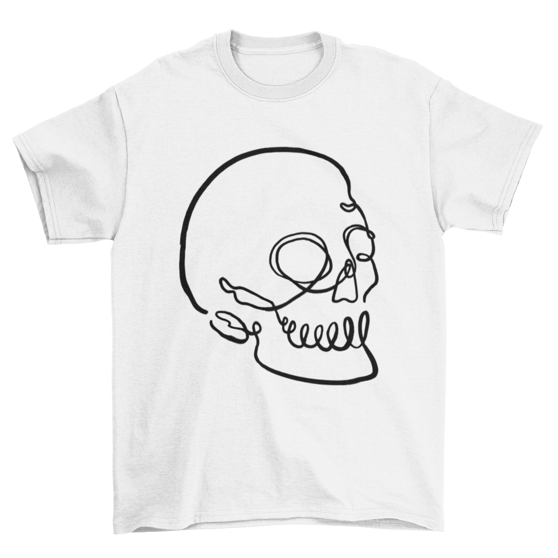 A stylish t-shirt featuring a minimalist skull design created with continuous line art, showcasing creativity and modern fashion.