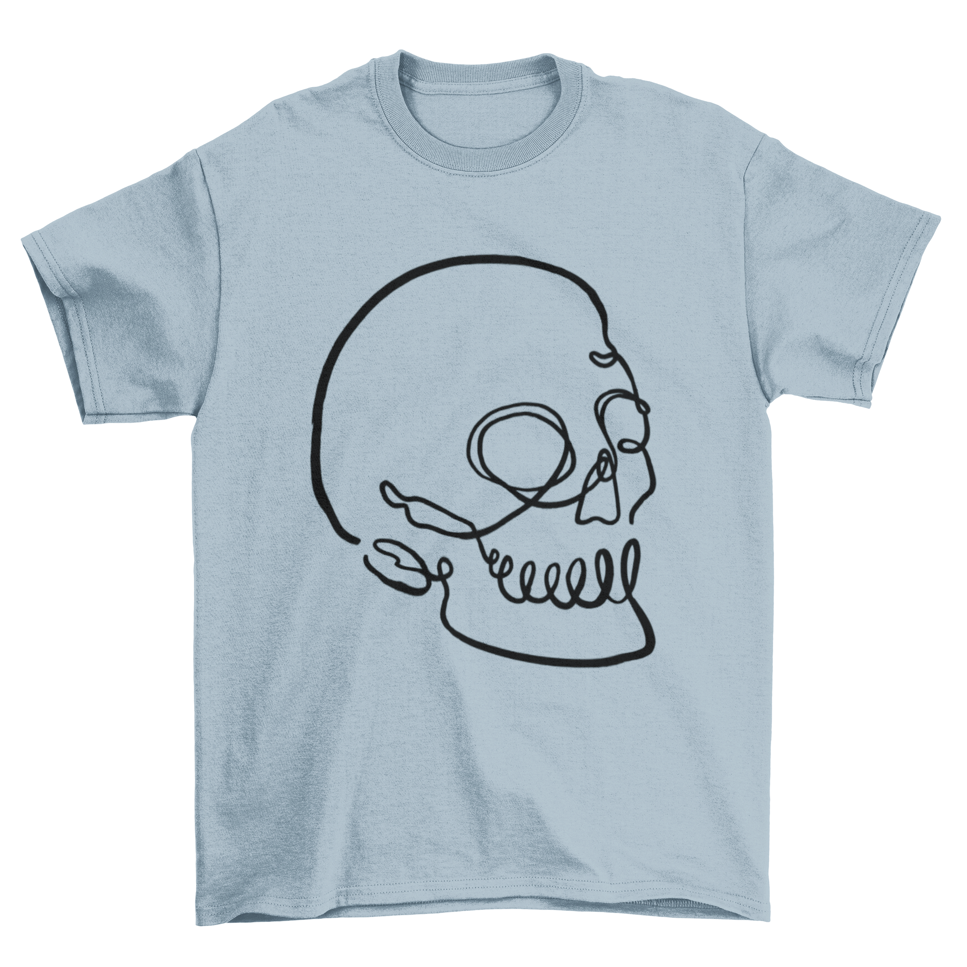 A stylish t-shirt featuring a minimalist skull design created with continuous line art, showcasing creativity and modern fashion.