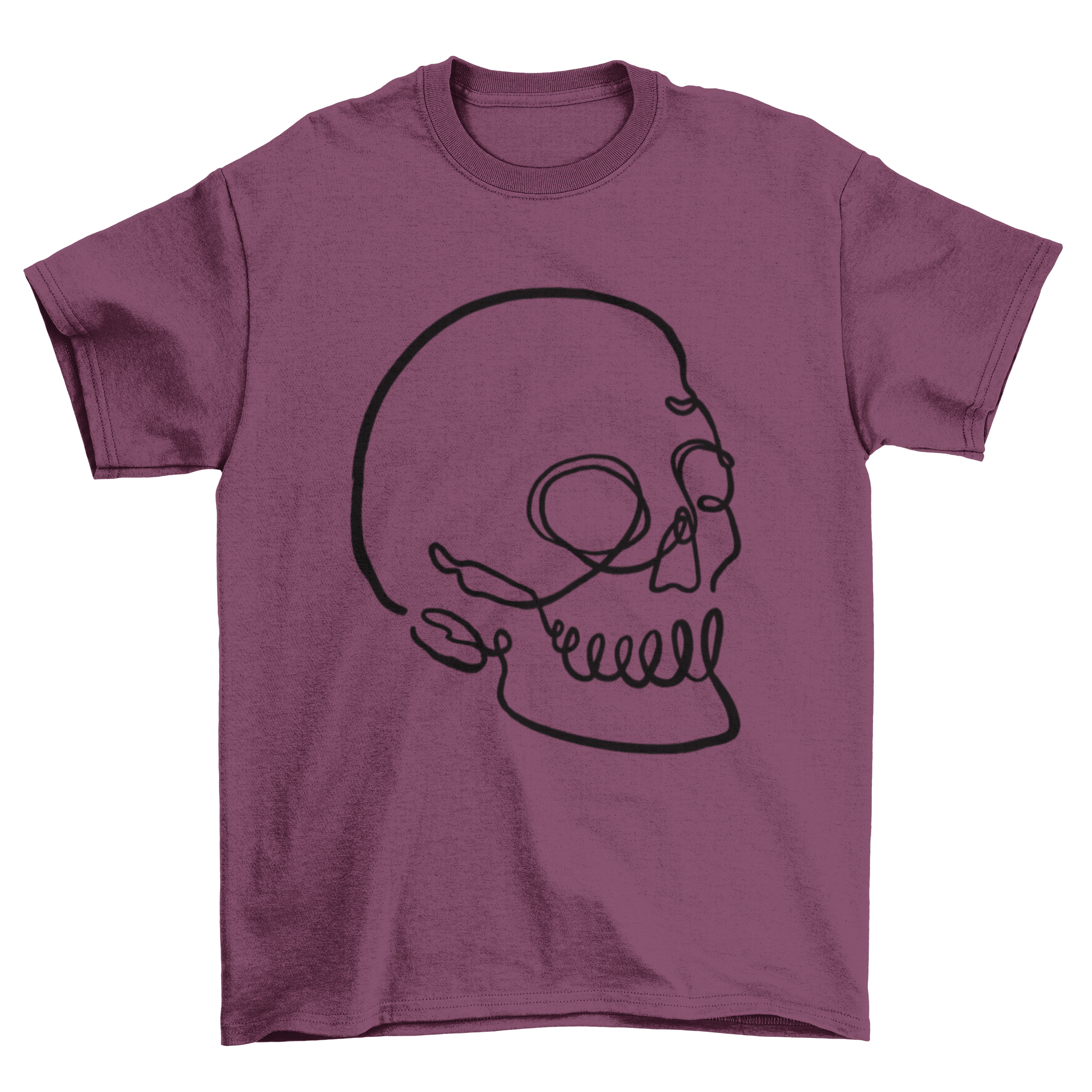 A stylish t-shirt featuring a minimalist skull design created with continuous line art, showcasing creativity and modern fashion.