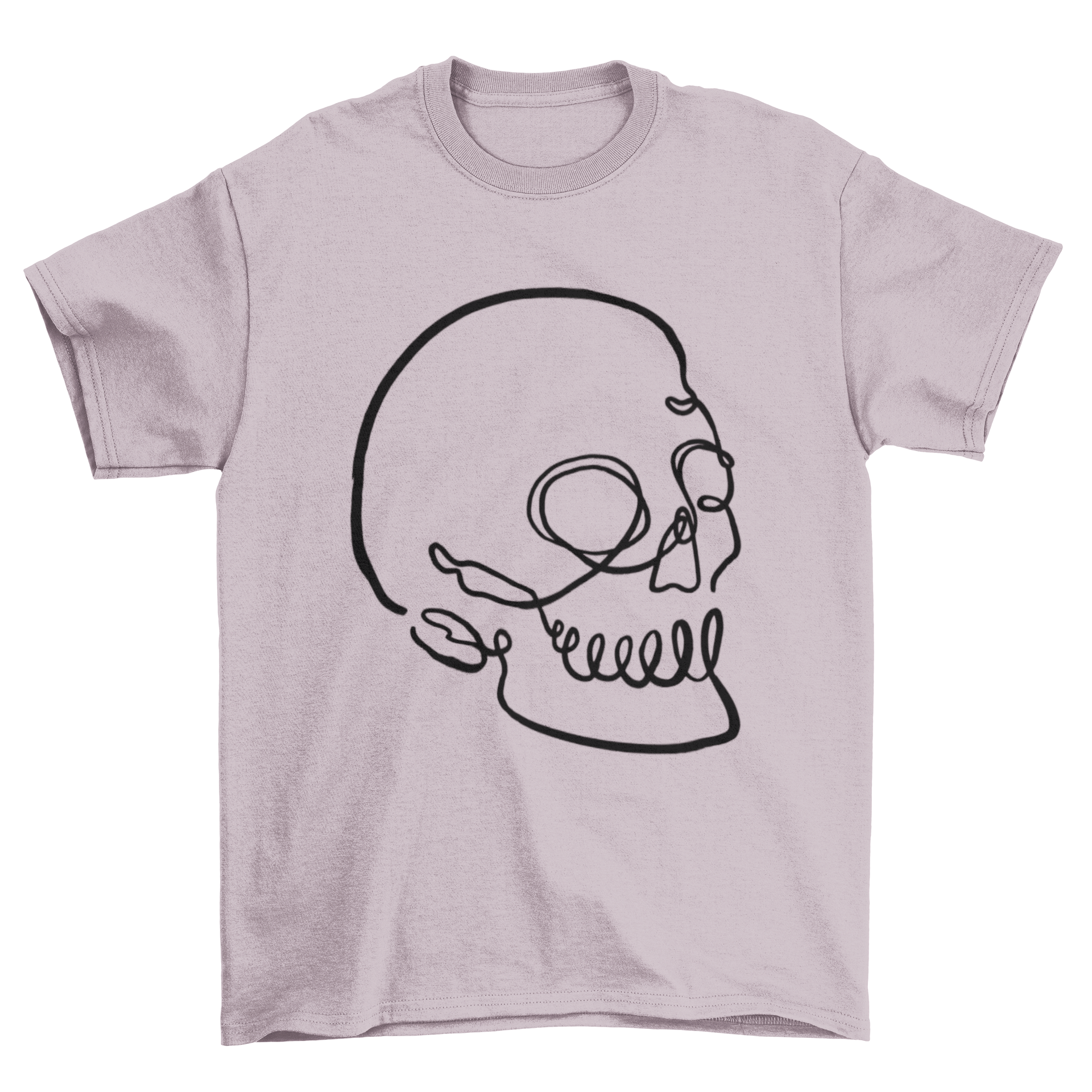 A stylish t-shirt featuring a minimalist skull design created with continuous line art, showcasing creativity and modern fashion.