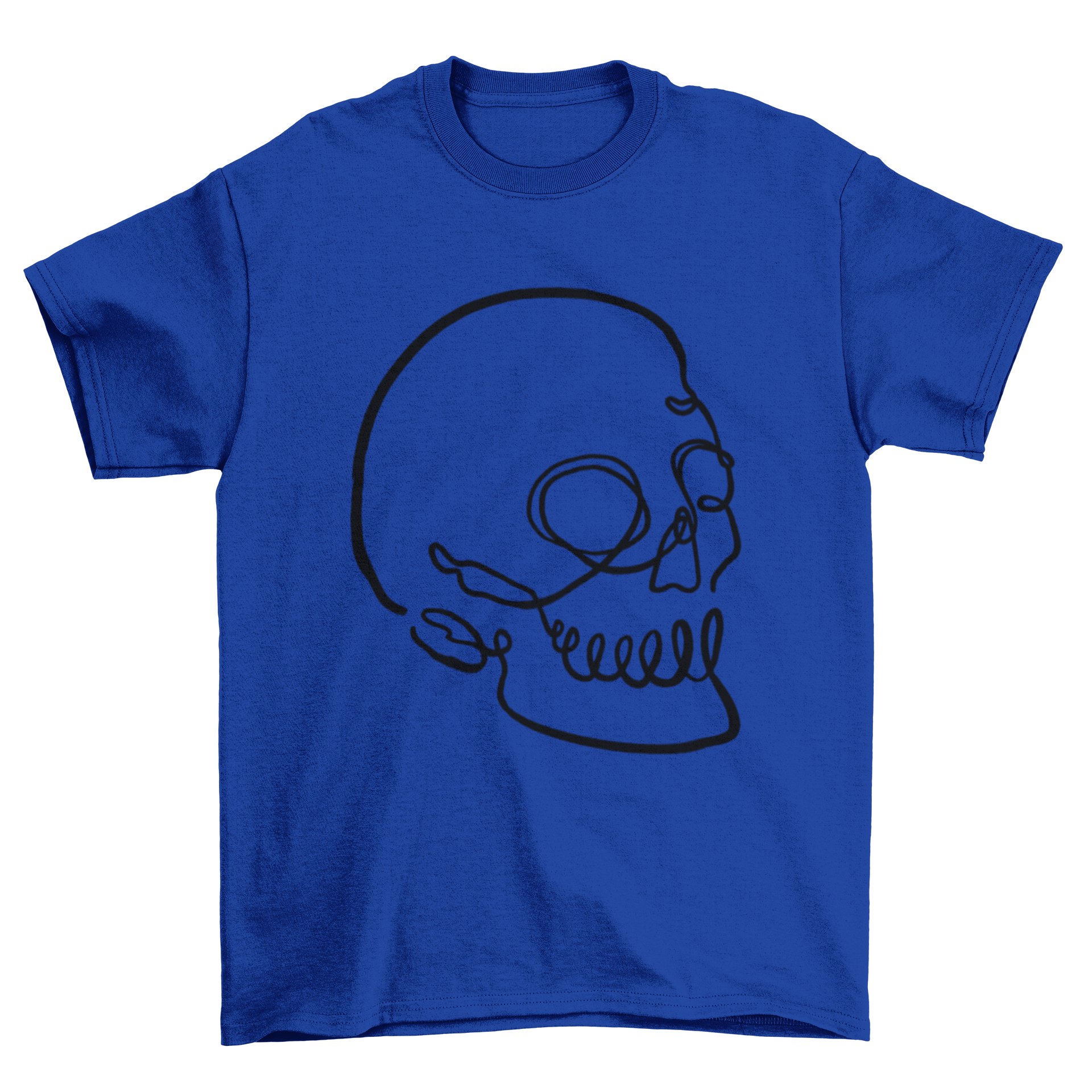 A stylish t-shirt featuring a minimalist skull design created with continuous line art, showcasing creativity and modern fashion.