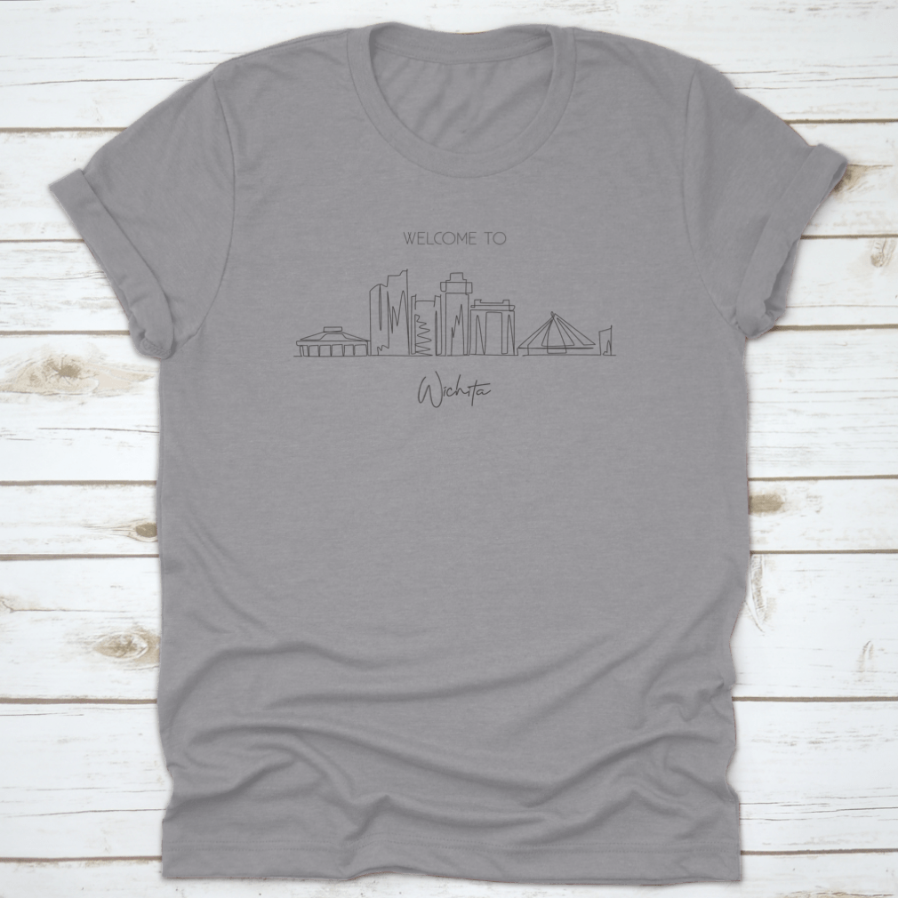 A stylish t-shirt featuring a line drawing of the Wichita City Skyline, showcasing iconic buildings and landmarks in Kansas.