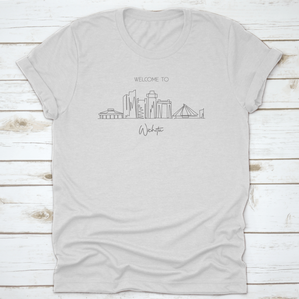 A stylish t-shirt featuring a line drawing of the Wichita City Skyline, showcasing iconic buildings and landmarks in Kansas.