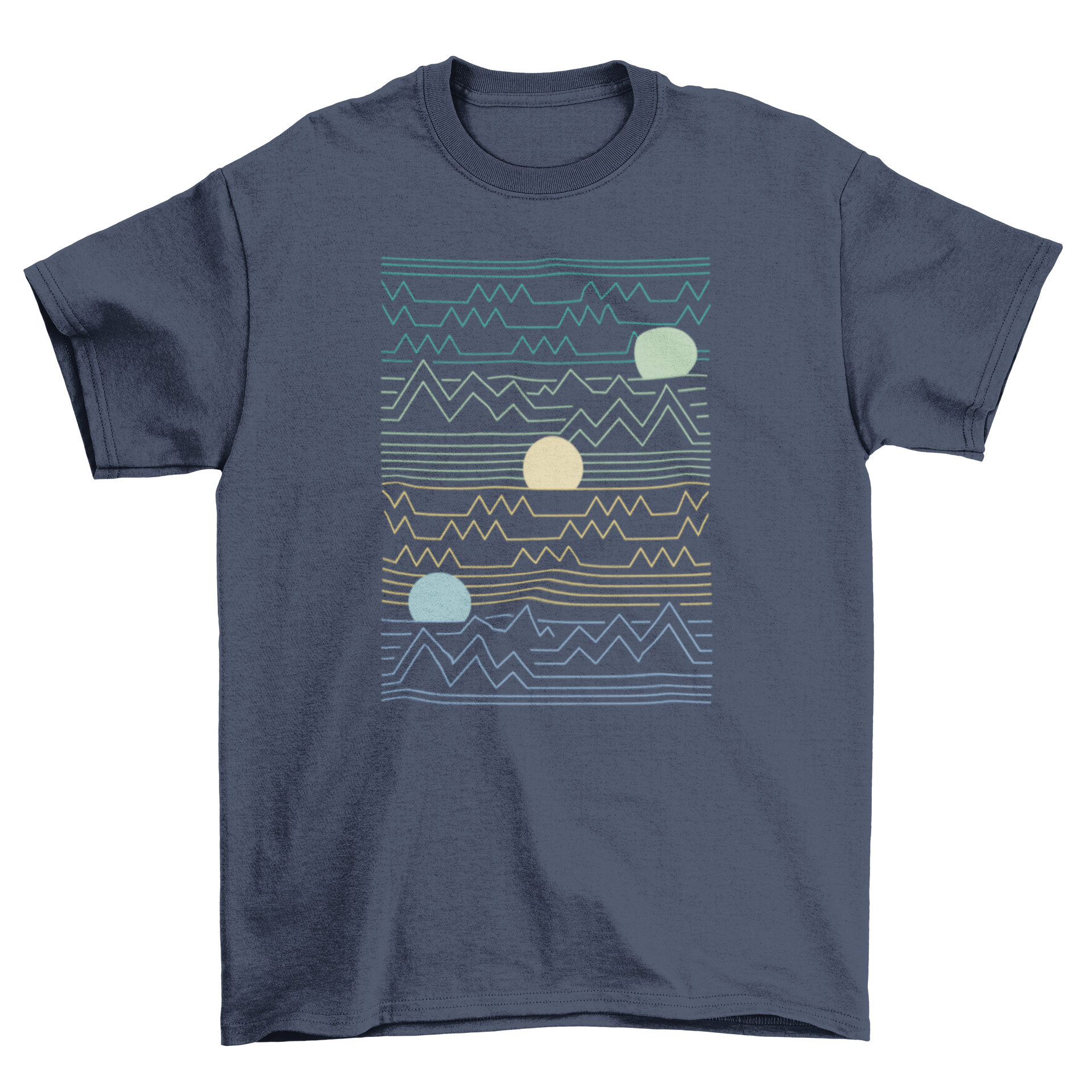 A stylish t-shirt featuring a lineal sunset landscape design with vibrant colors.